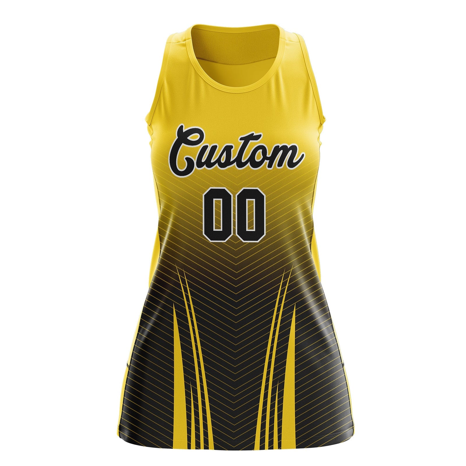 Custom Netball Dress Gold Black for Women with V-Shaped Pinstripes Personalized Team Uniform