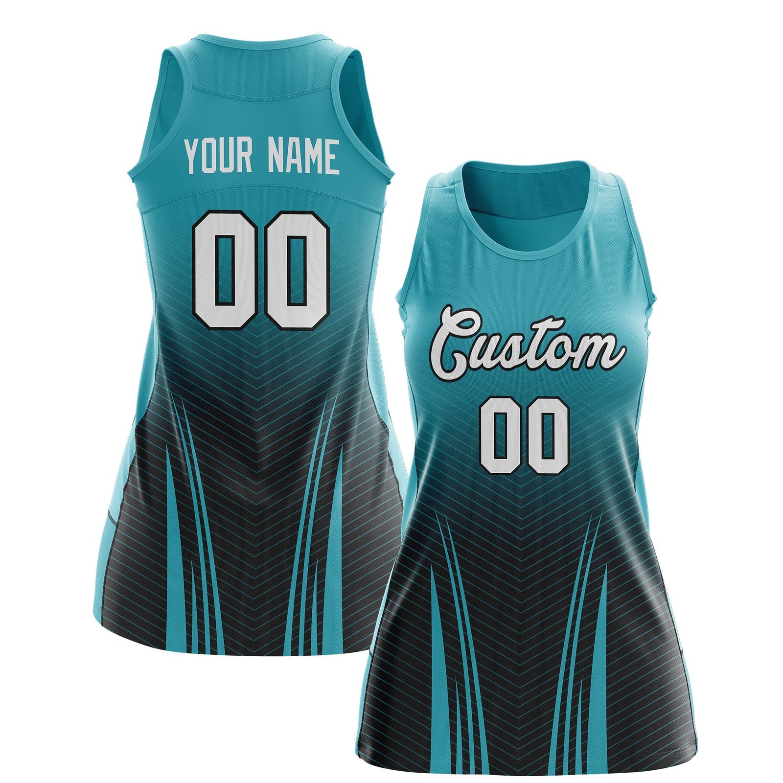 Custom Women Netball Dress | Aqua Black V-Shaped Pinstripes Uniform with Name & Number