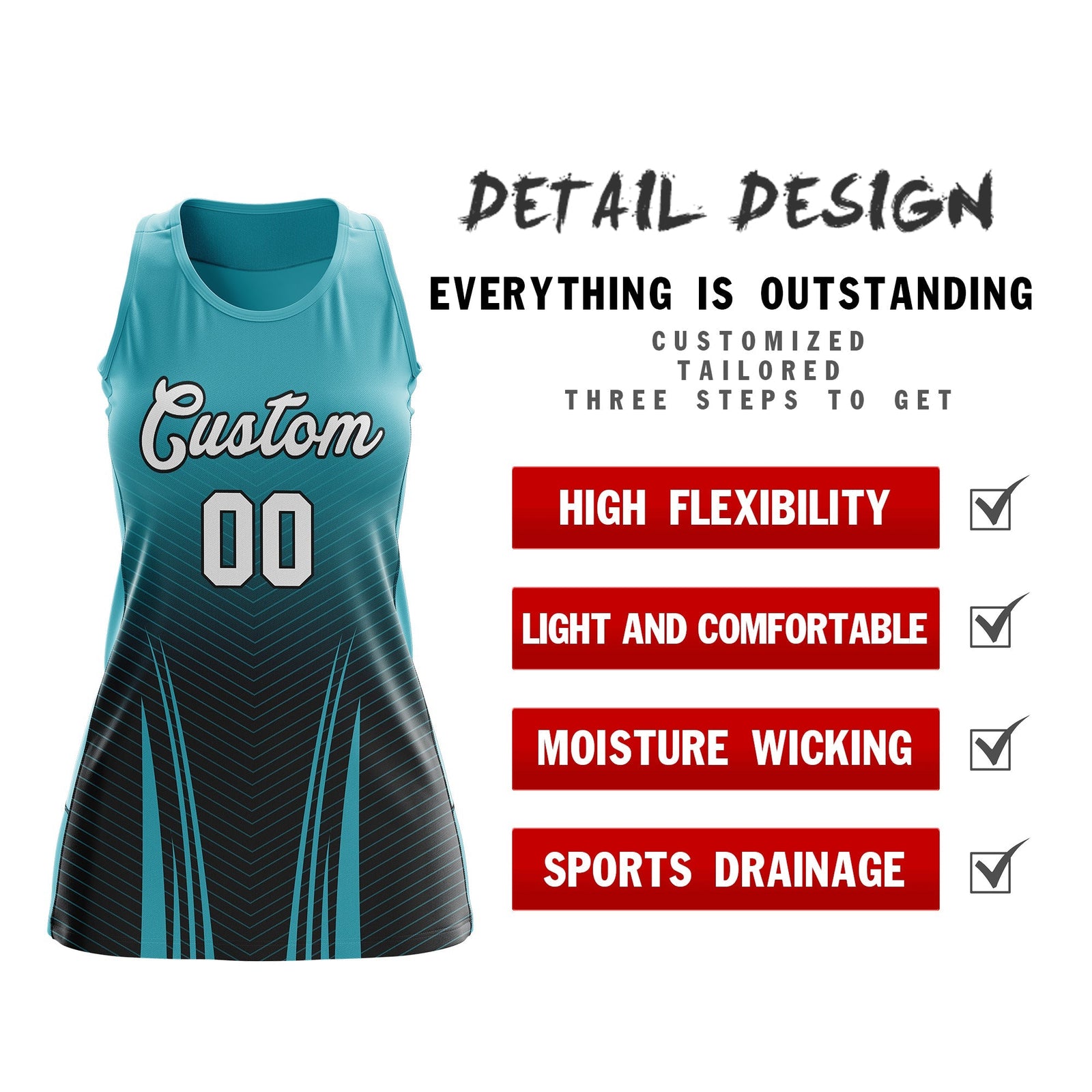 Custom Women Netball Dress | Aqua Black V-Shaped Pinstripes Uniform with Name & Number