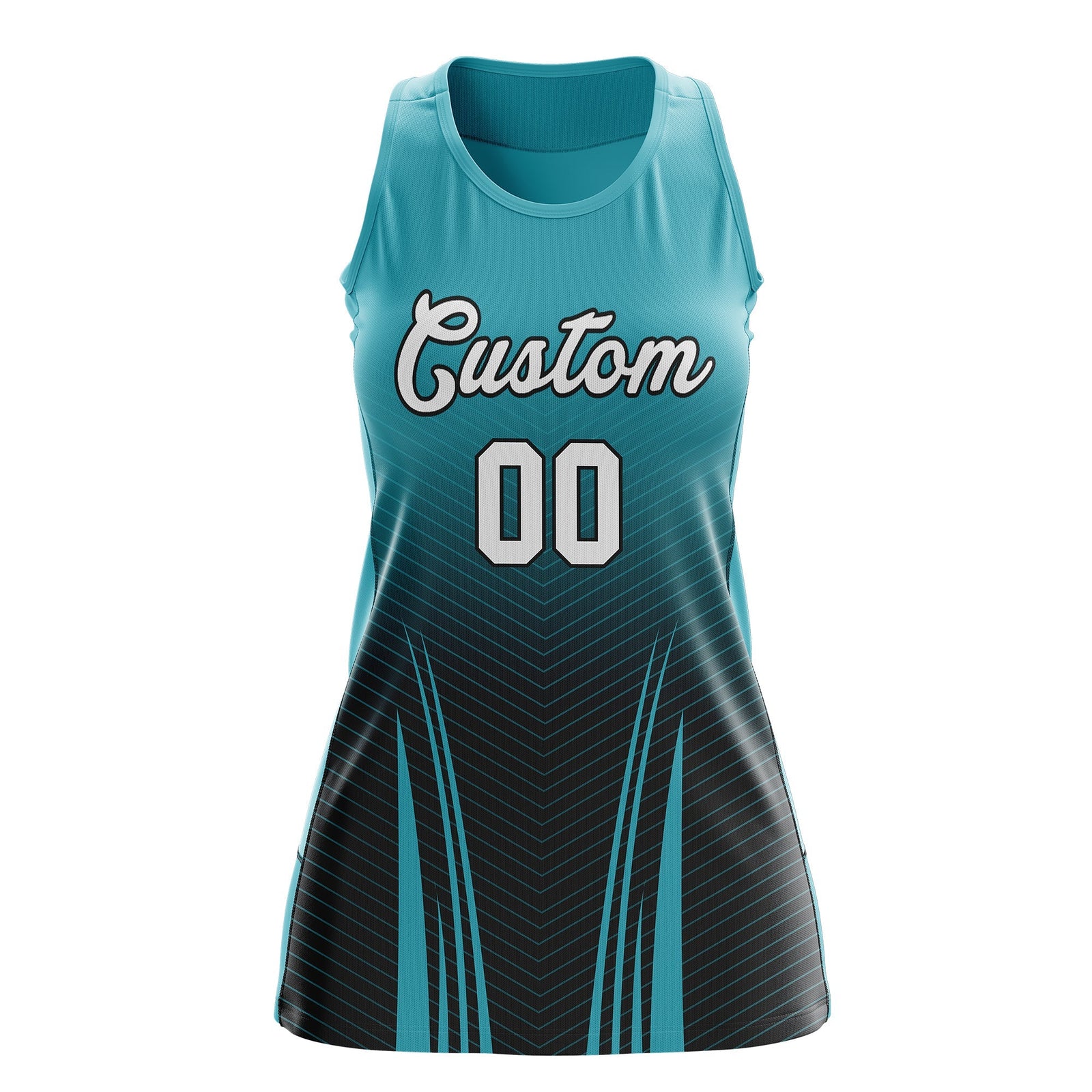 Custom Women Netball Dress | Aqua Black V-Shaped Pinstripes Uniform with Name & Number
