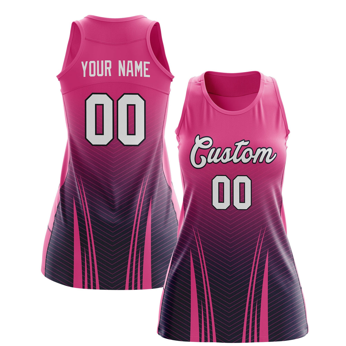 Custom Netball Dress | Rose Red Navy V-Shaped Pinstripes Gradient Team Uniform