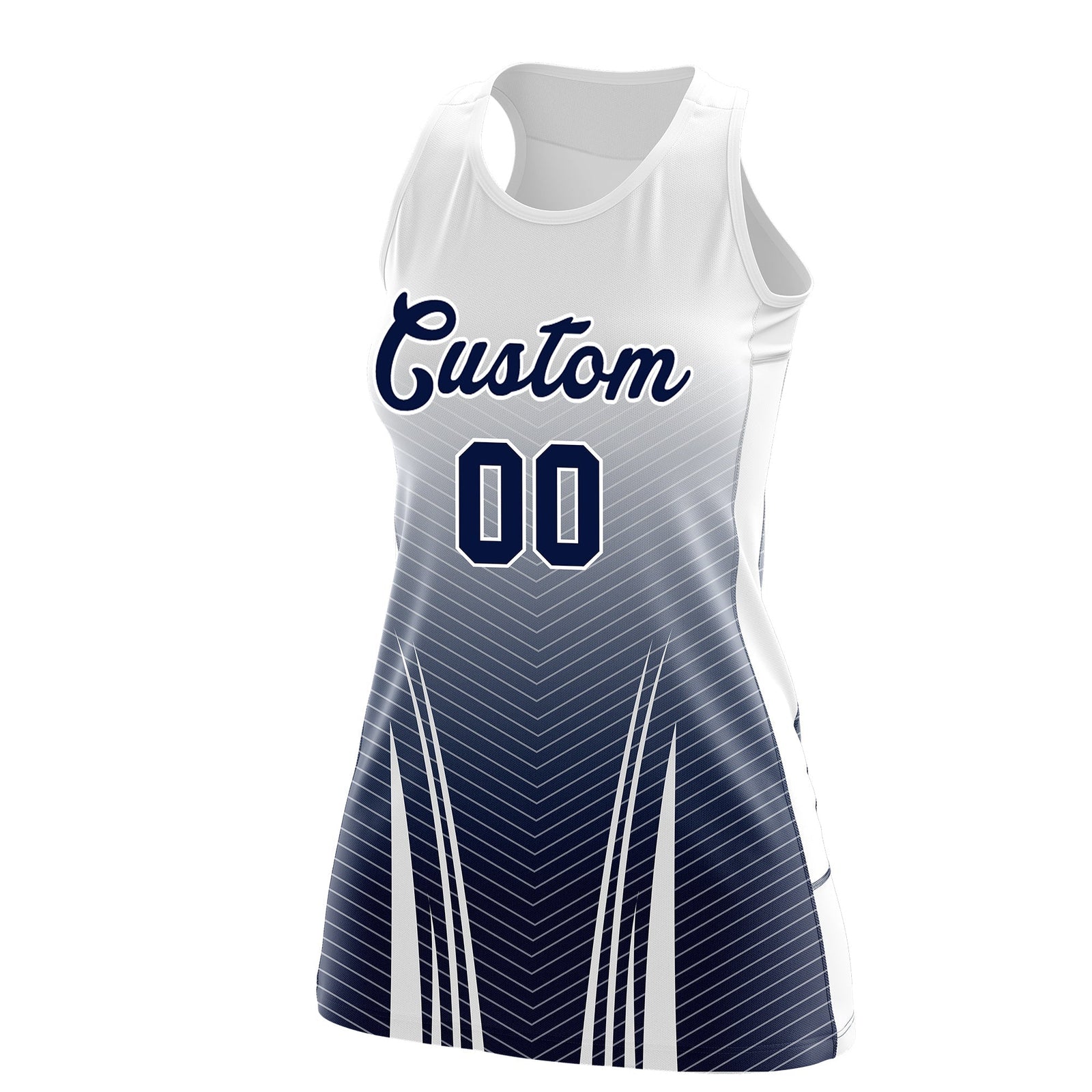 Custom Netball Dress White Navy for Women with V-Shaped Pinstripes Personalized Team Uniform