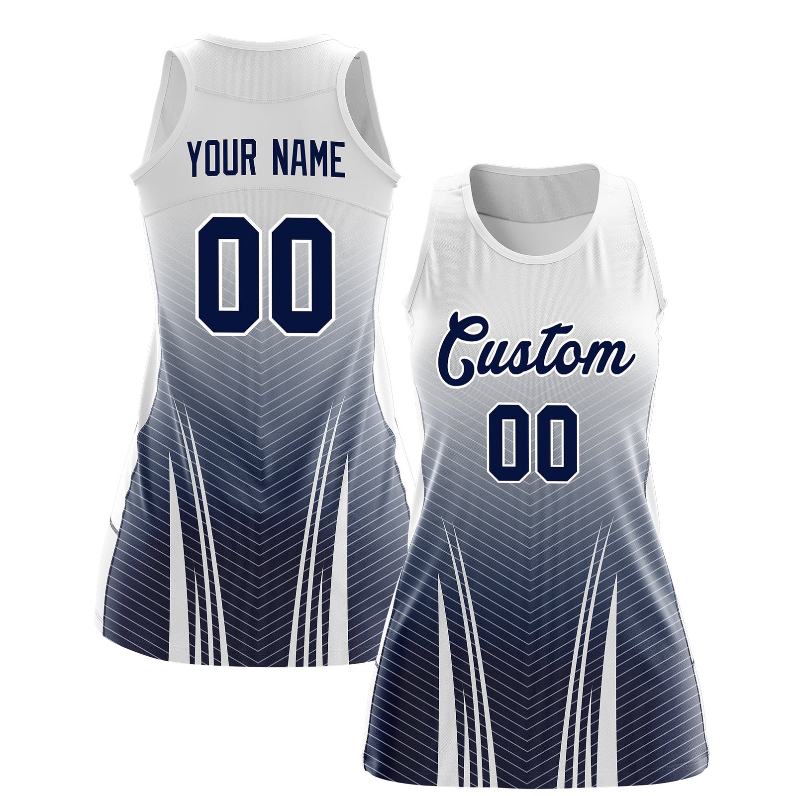 Custom Netball Dress White Navy for Women with V-Shaped Pinstripes Personalized Team Uniform
