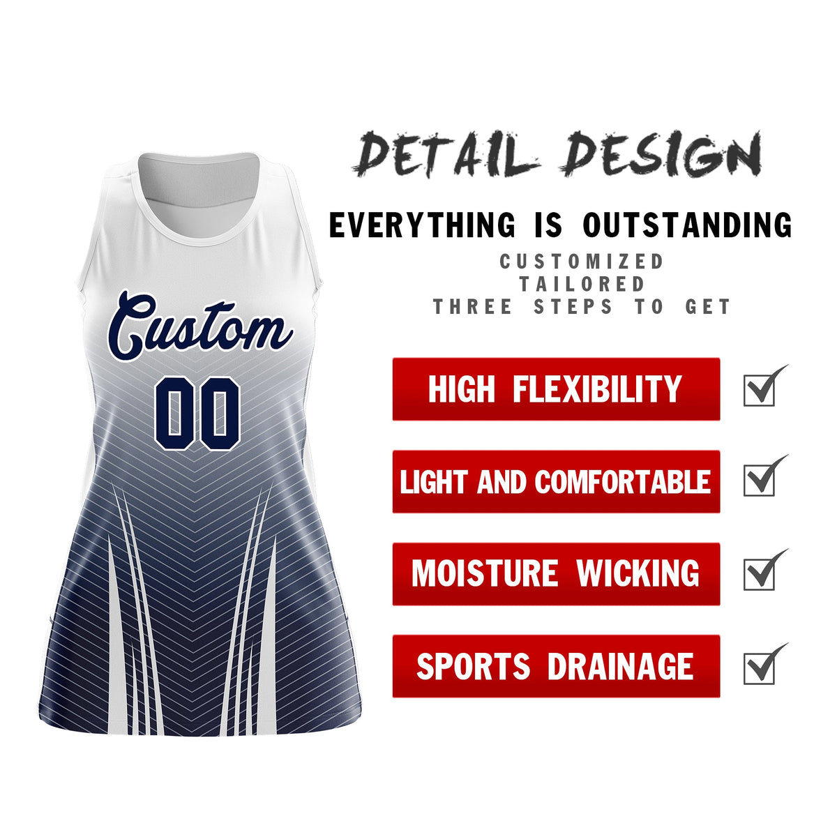 Custom Netball Dress White Navy for Women with V-Shaped Pinstripes Personalized Team Uniform