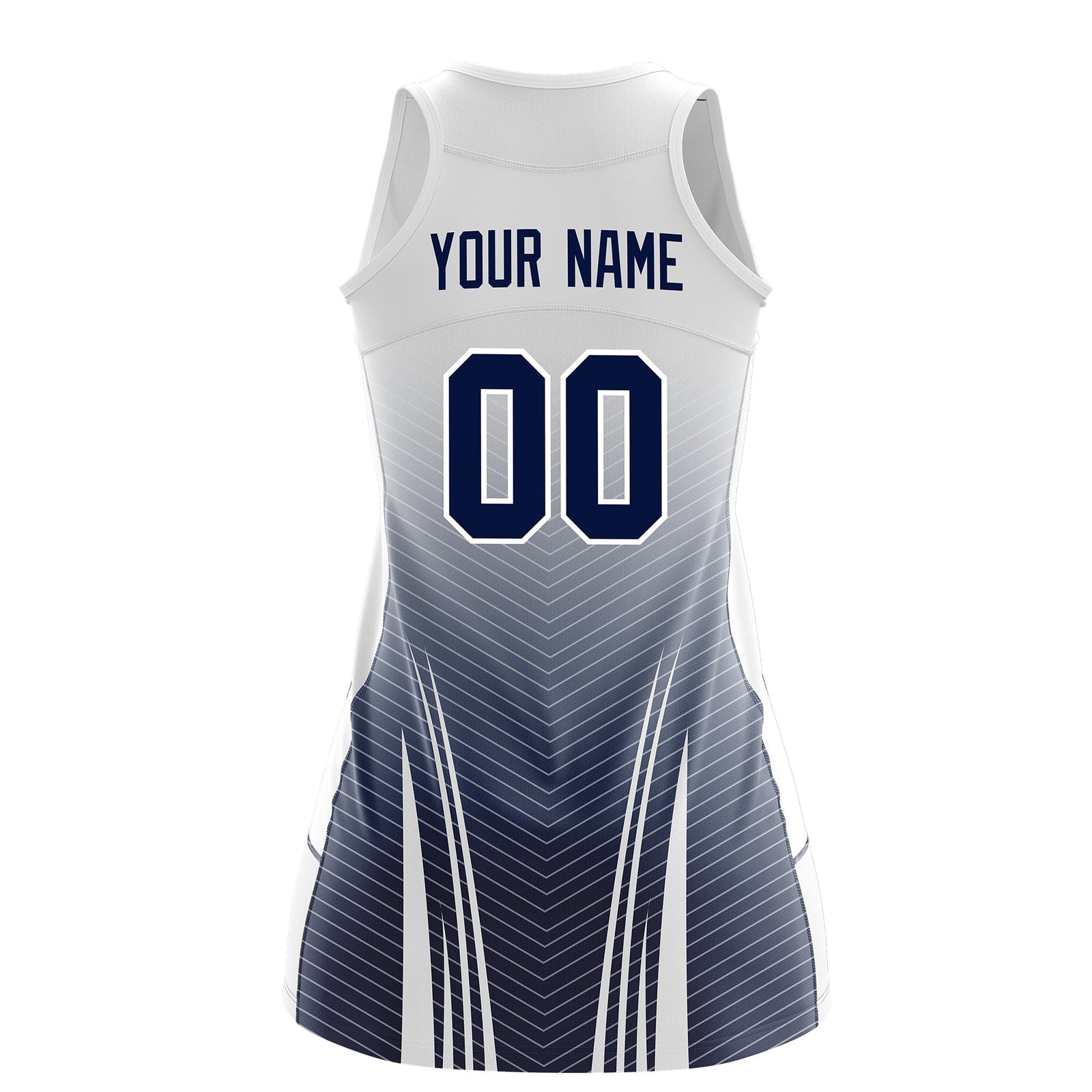 Custom Netball Dress White Navy for Women with V-Shaped Pinstripes Personalized Team Uniform