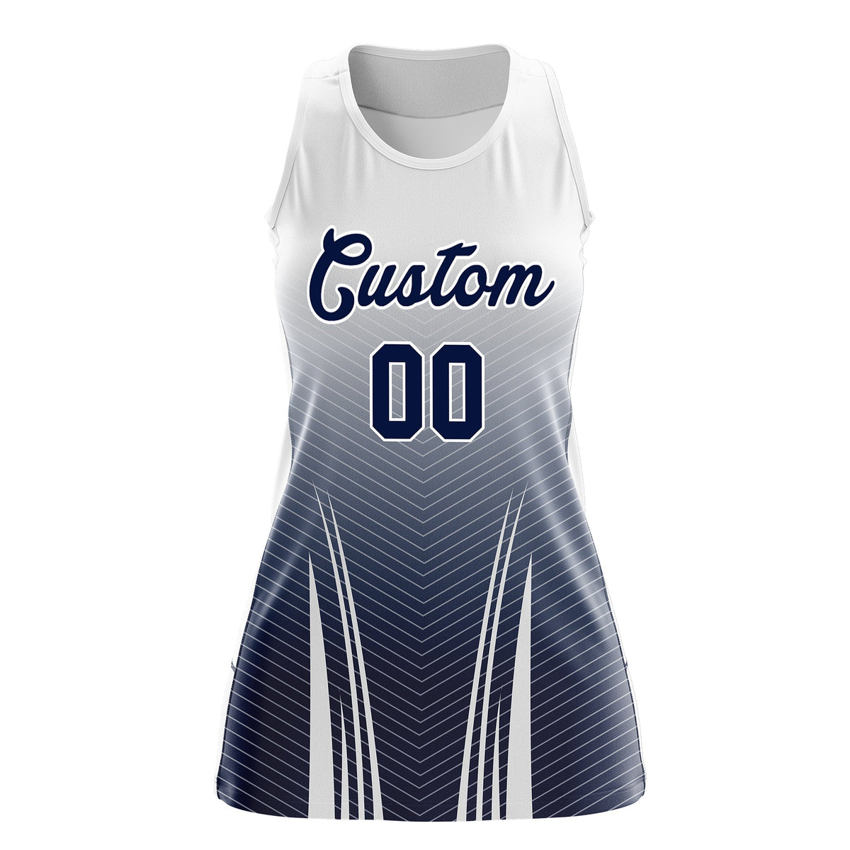 Custom Netball Dress White Navy for Women with V-Shaped Pinstripes Personalized Team Uniform