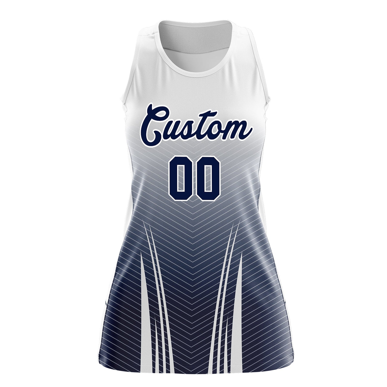 Custom Netball Dress White Navy for Women with V-Shaped Pinstripes Personalized Team Uniform