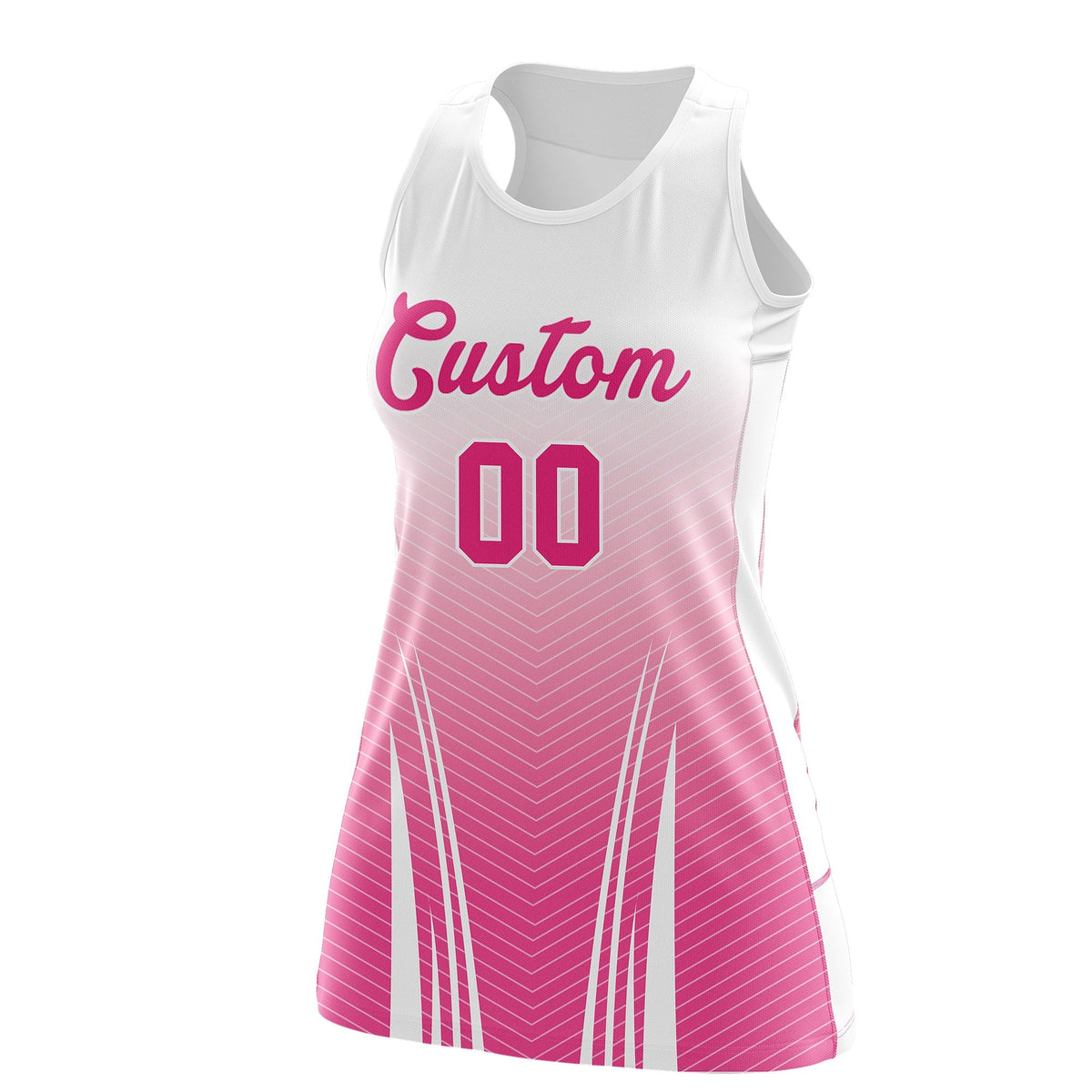 Custom Women Netball Dress | White Pink V-Shaped Pinstripes Uniform with Name &amp; Number