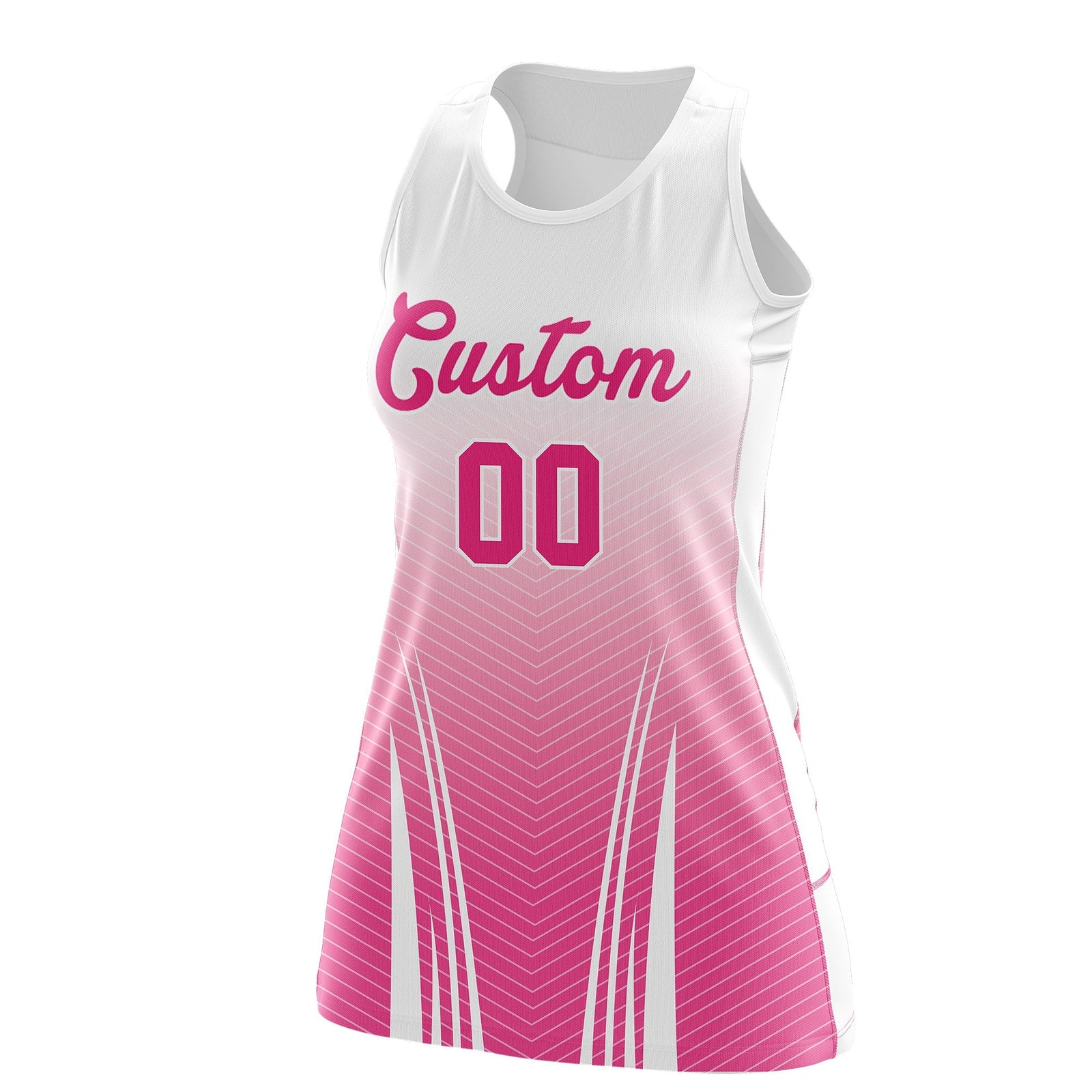 Custom Women Netball Dress | White Pink V-Shaped Pinstripes Uniform with Name & Number