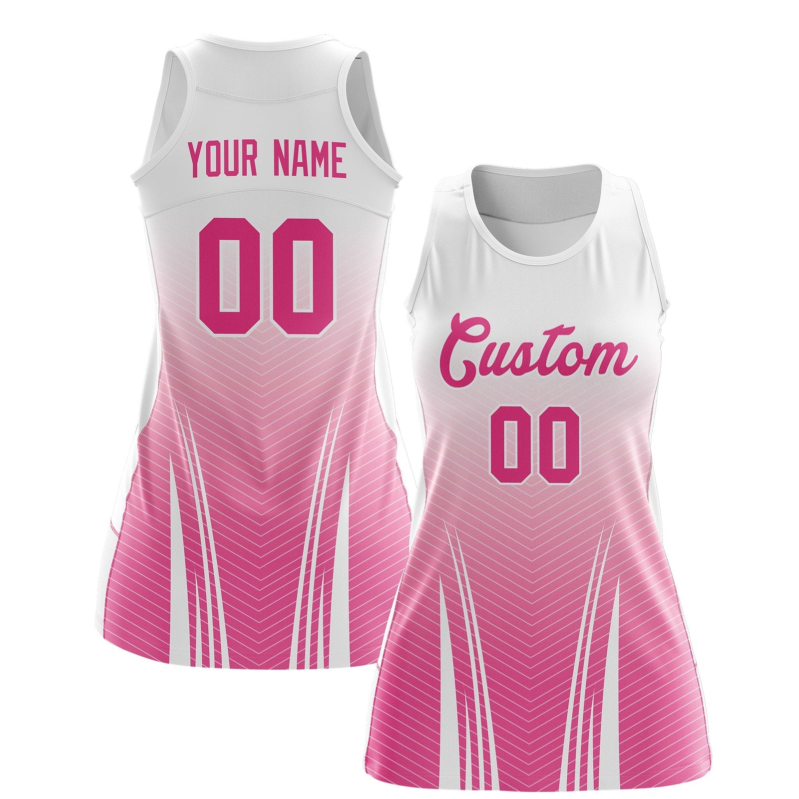 Custom Women Netball Dress | White Pink V-Shaped Pinstripes Uniform with Name & Number