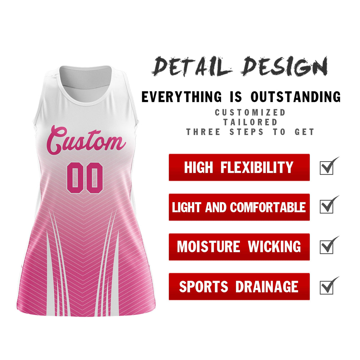 Custom Women Netball Dress | White Pink V-Shaped Pinstripes Uniform with Name &amp; Number