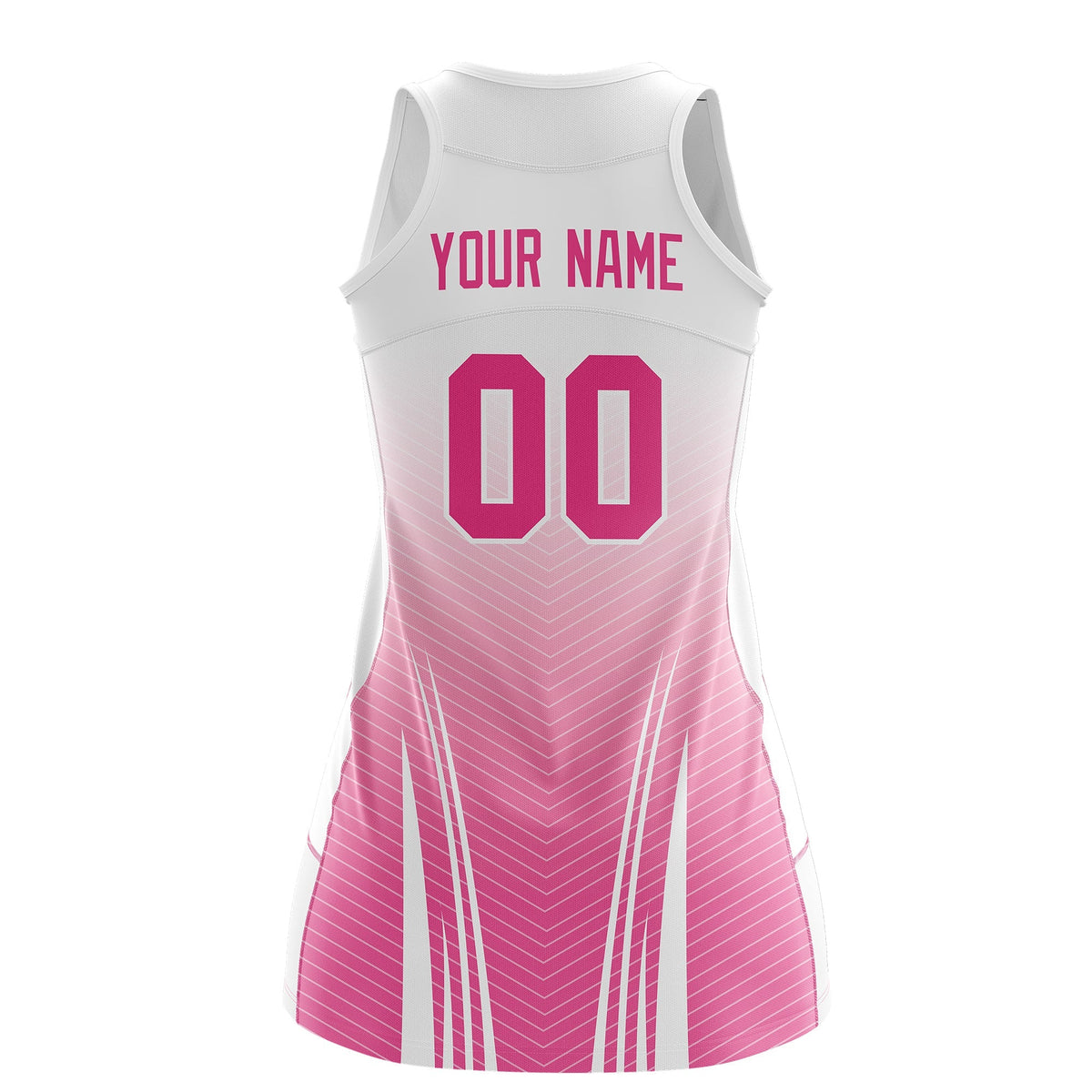 Custom Women Netball Dress | White Pink V-Shaped Pinstripes Uniform with Name &amp; Number
