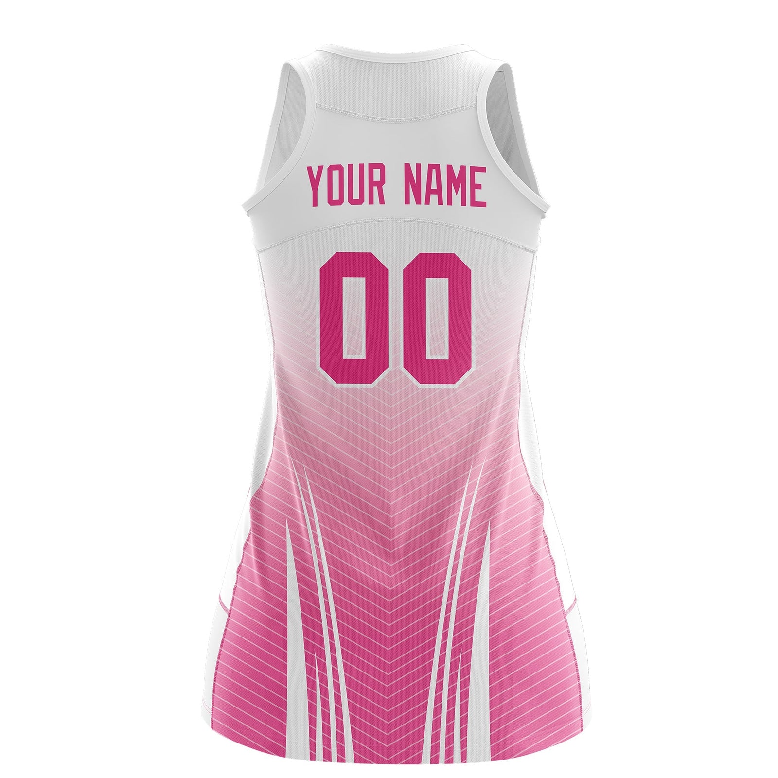 Custom Women Netball Dress | White Pink V-Shaped Pinstripes Uniform with Name & Number
