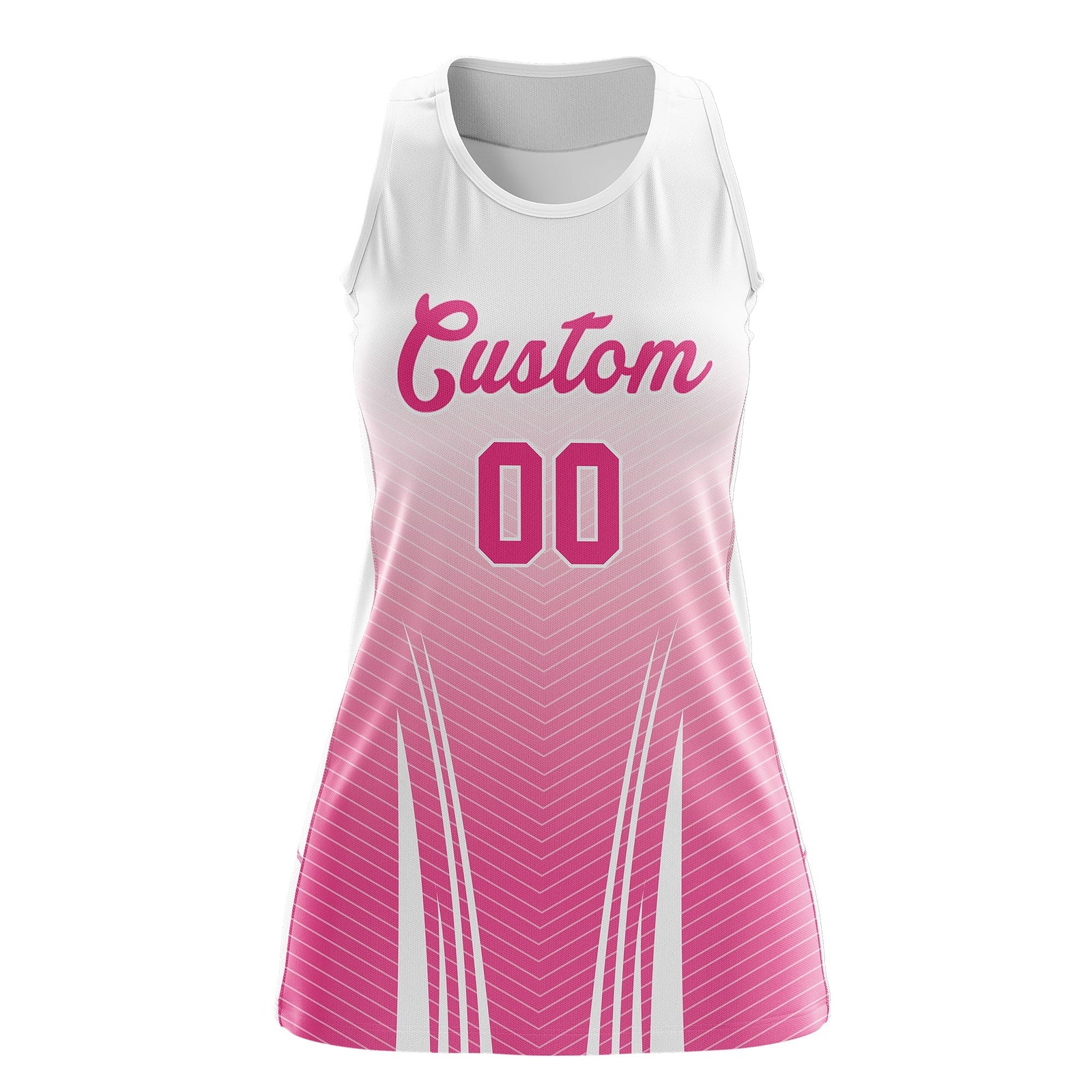 Custom Women Netball Dress | White Pink V-Shaped Pinstripes Uniform with Name & Number