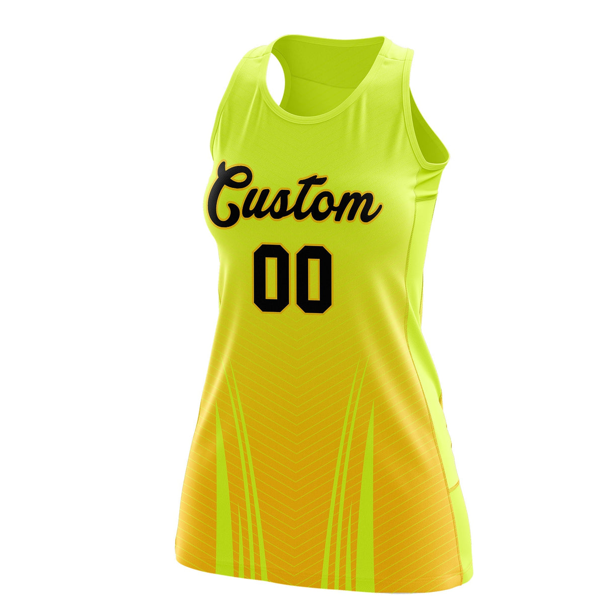 Custom Netball Dress Fluorescent Green Gold for Women with V-Shaped Pinstripes Personalized Team Uniform