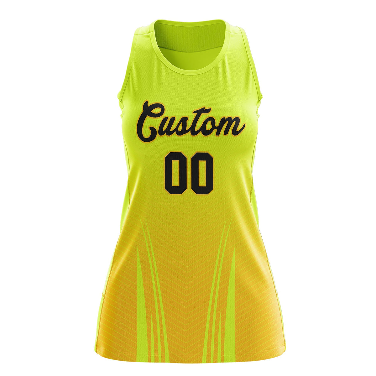 Custom Netball Dress Fluorescent Green Gold for Women with V-Shaped Pinstripes Personalized Team Uniform