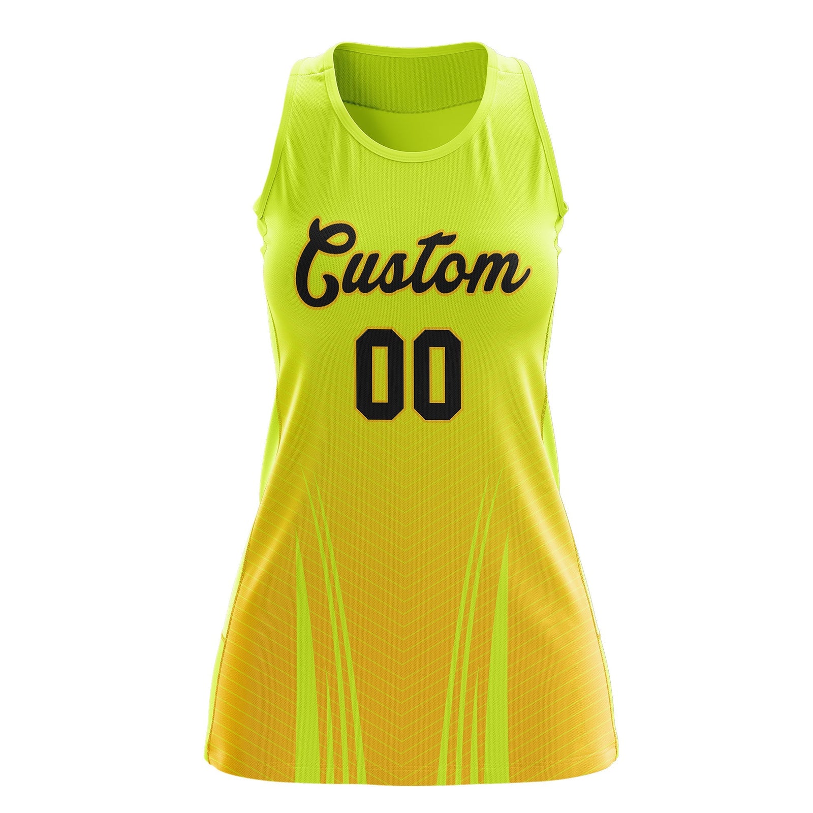 Custom Netball Dress Fluorescent Green Gold for Women with V-Shaped Pinstripes Personalized Team Uniform