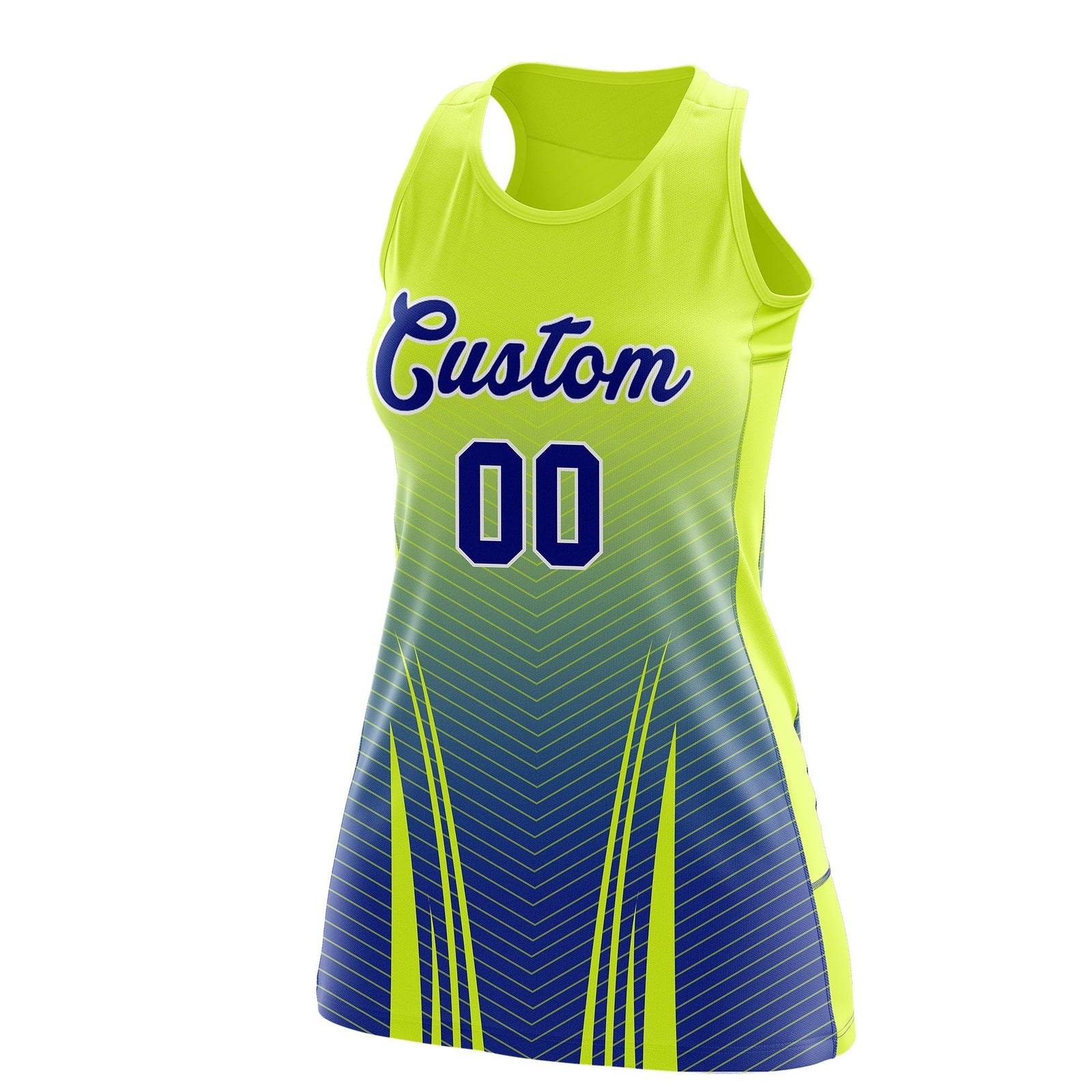 Custom Women Netball Dress | Fluorescent Green Royal Blue V-Shaped Pinstripes Uniform with Name & Number
