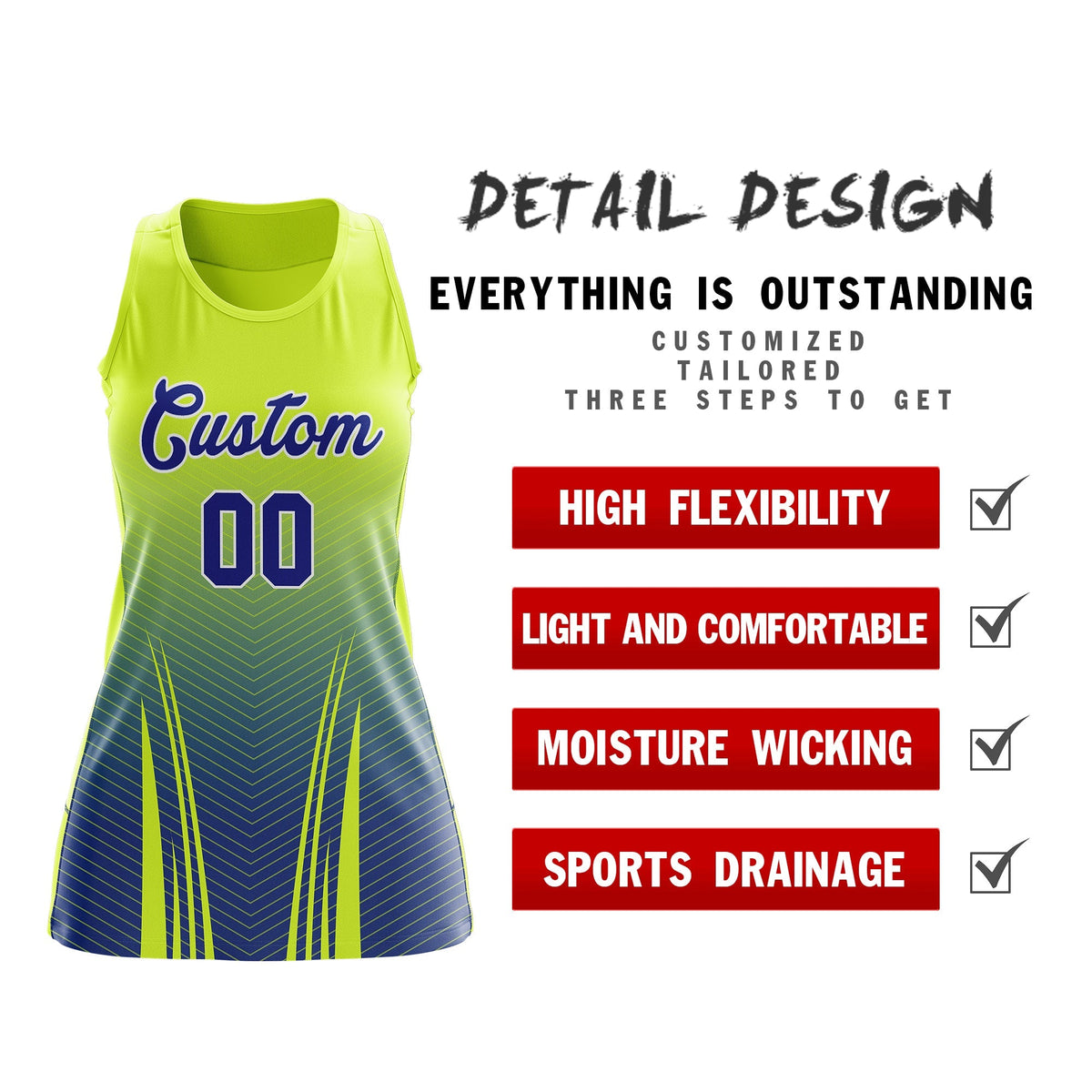 Custom Women Netball Dress | Fluorescent Green Royal Blue V-Shaped Pinstripes Uniform with Name &amp; Number