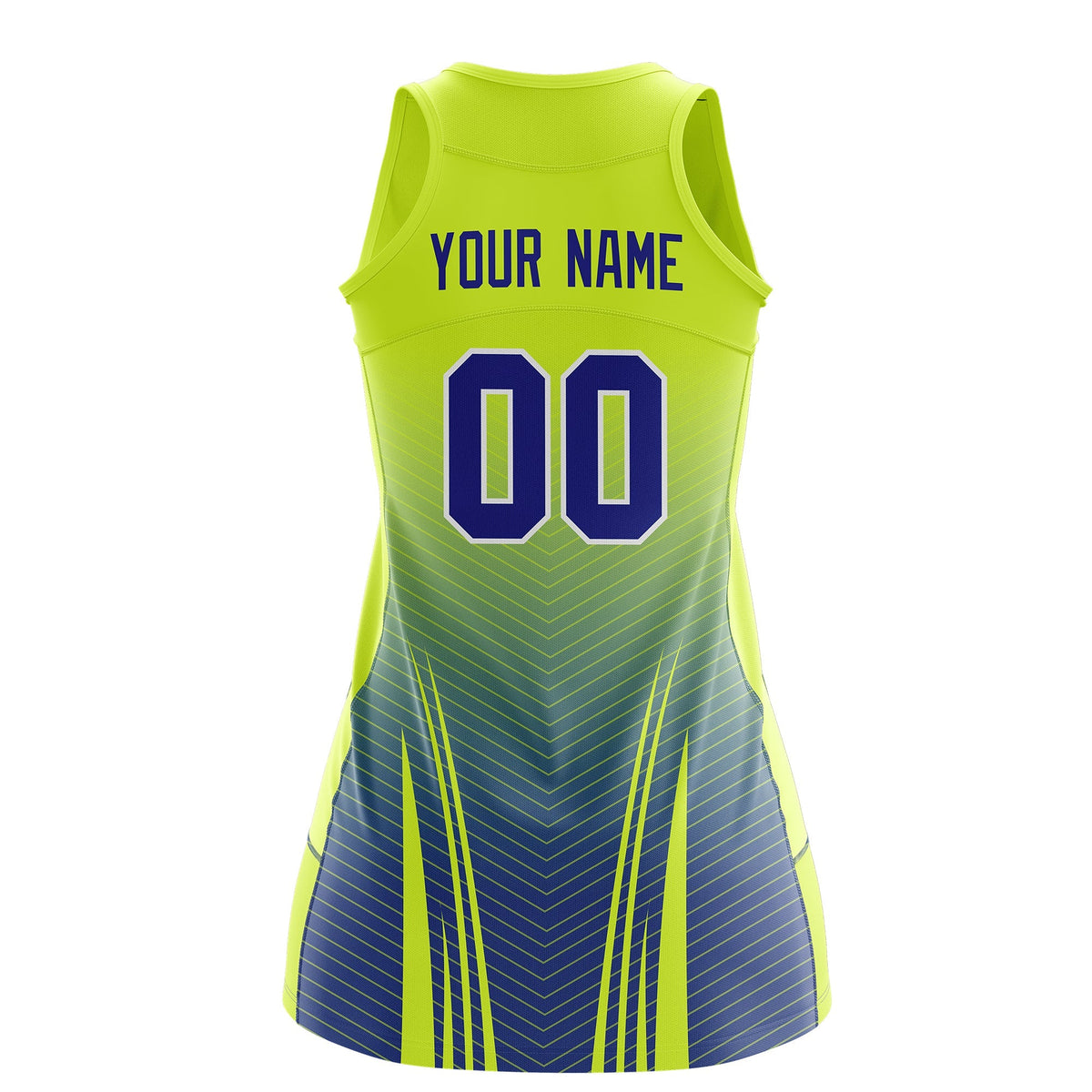 Custom Women Netball Dress | Fluorescent Green Royal Blue V-Shaped Pinstripes Uniform with Name &amp; Number