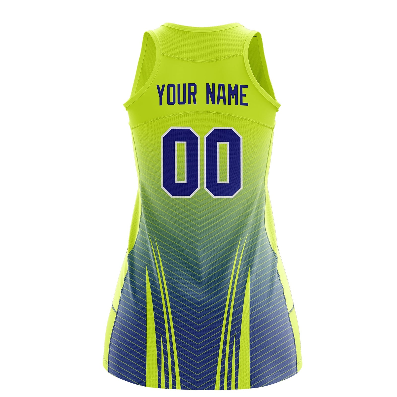 Custom Women Netball Dress | Fluorescent Green Royal Blue V-Shaped Pinstripes Uniform with Name & Number