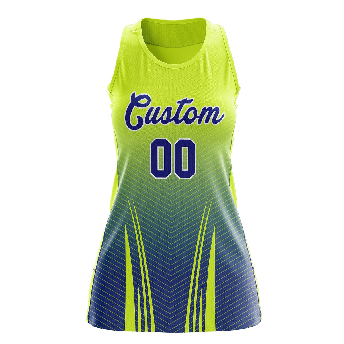 Custom Women Netball Dress | Fluorescent Green Royal Blue V-Shaped Pinstripes Uniform with Name &amp; Number