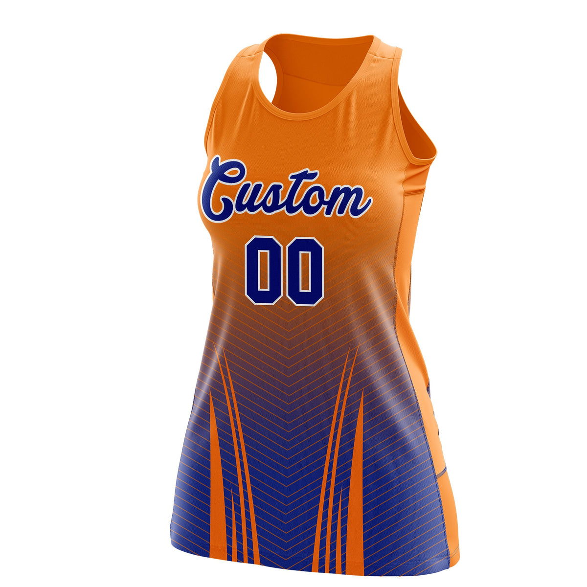 Custom Netball Dress | Orange Royal Blue V-Shaped Pinstripes Gradient Team Uniform