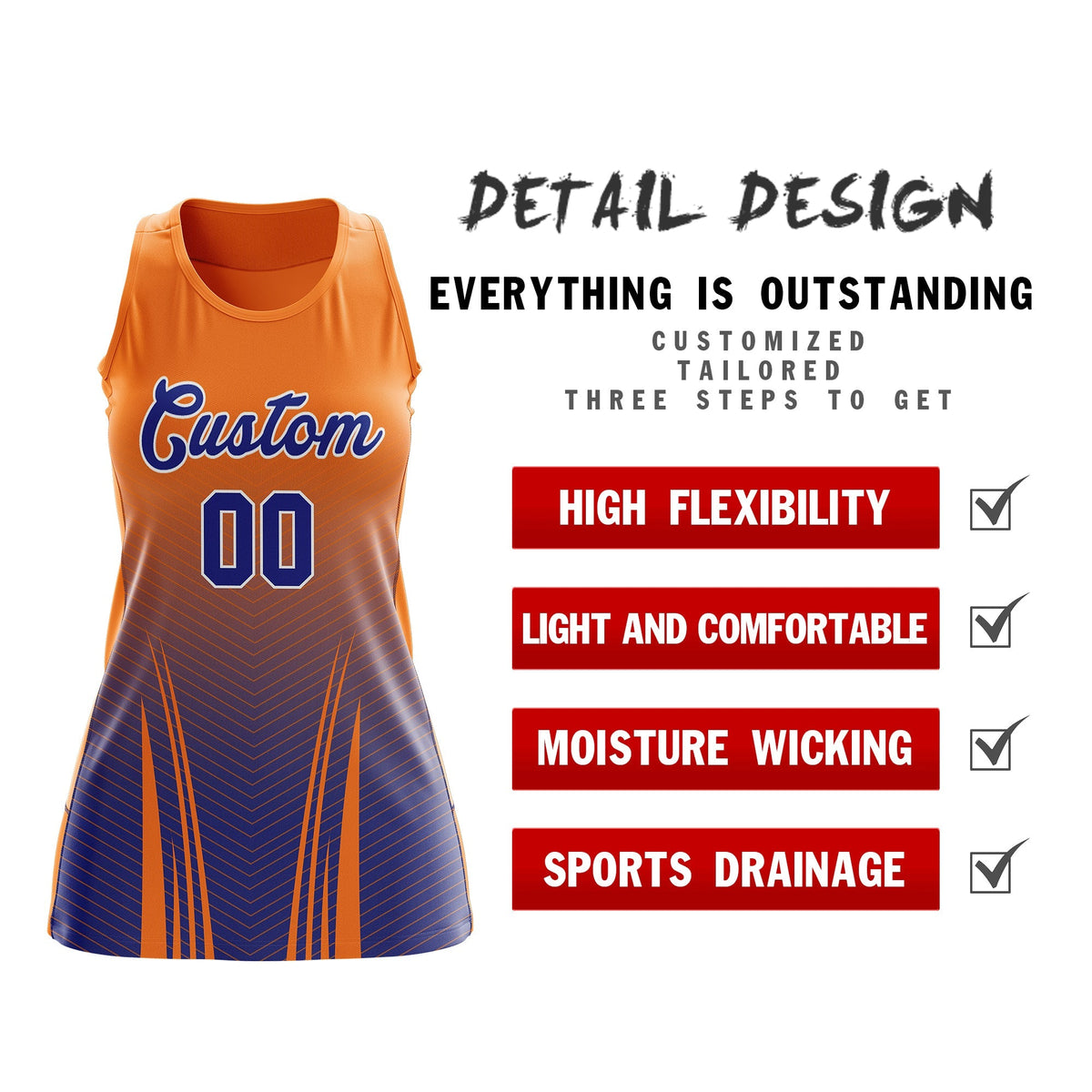Custom Netball Dress | Orange Royal Blue V-Shaped Pinstripes Gradient Team Uniform