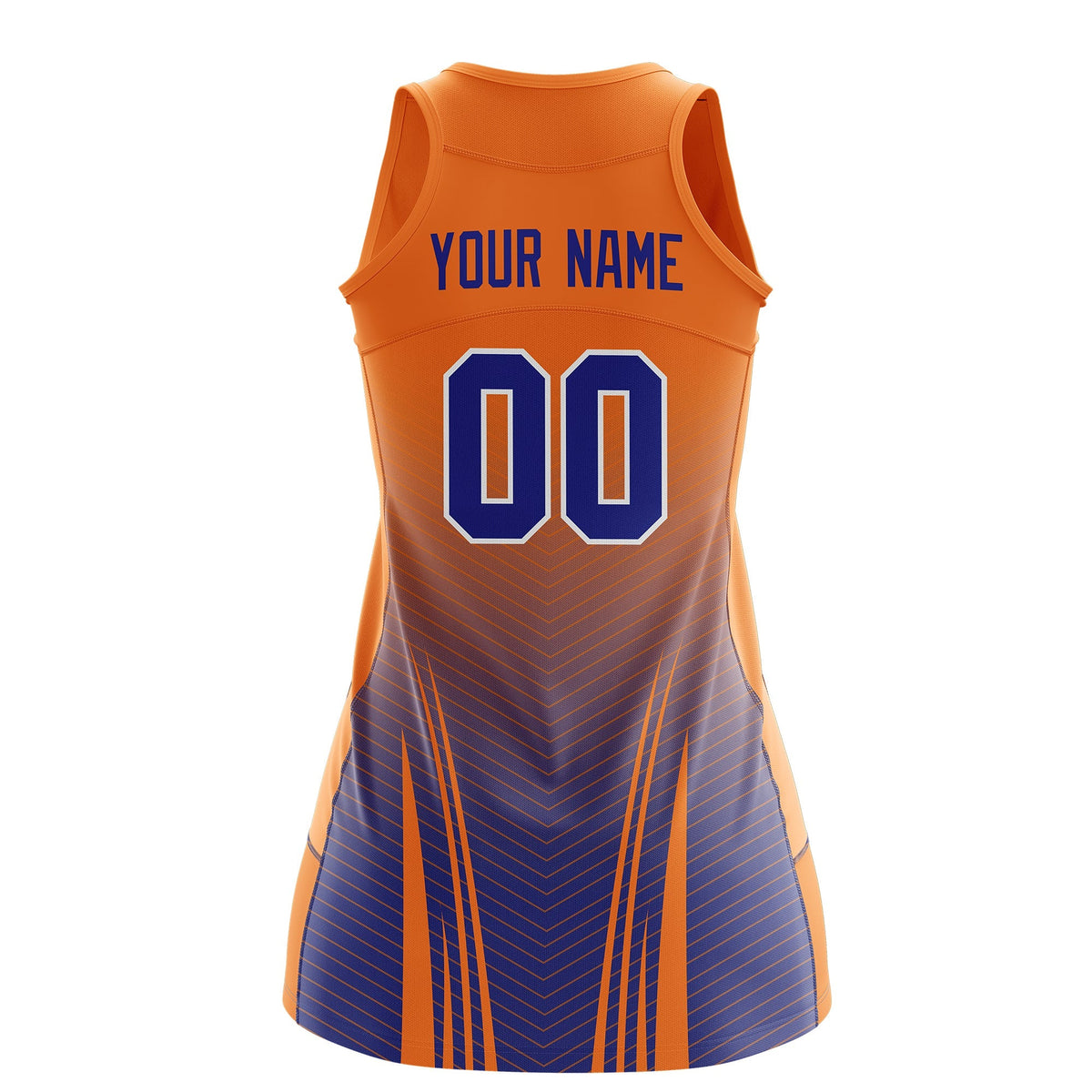 Custom Netball Dress | Orange Royal Blue V-Shaped Pinstripes Gradient Team Uniform