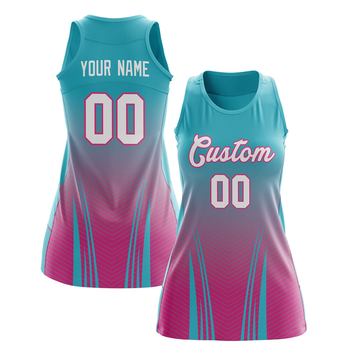 Custom Netball Dress Aqua Rose Red for Women with V-Shaped Pinstripes Personalized Team Uniform