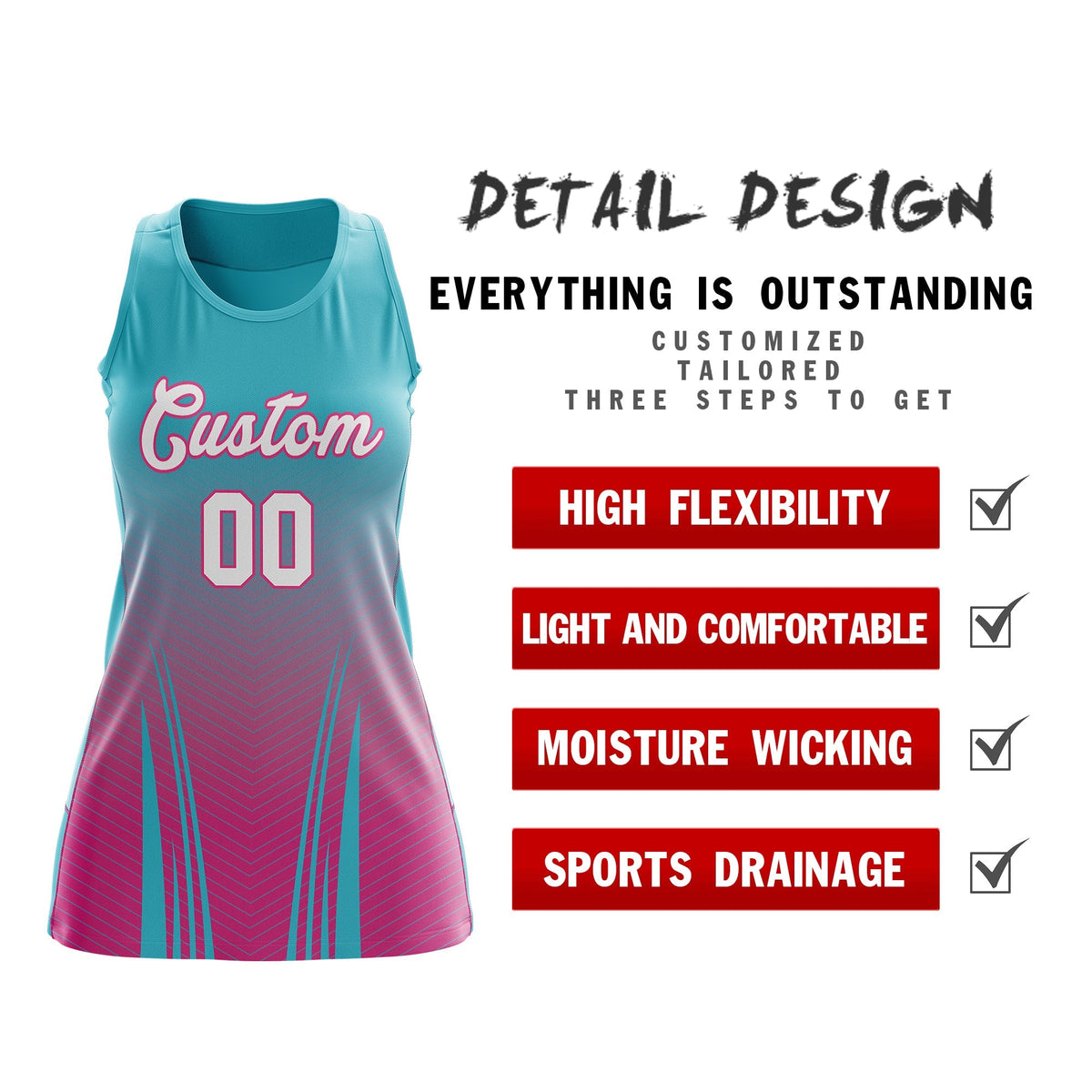 Custom Netball Dress Aqua Rose Red for Women with V-Shaped Pinstripes Personalized Team Uniform