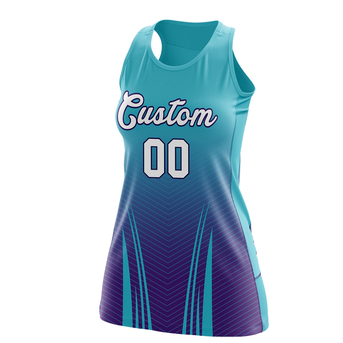 Custom Women Netball Dress | Aqua Purple V-Shaped Pinstripes Uniform with Name &amp; Number