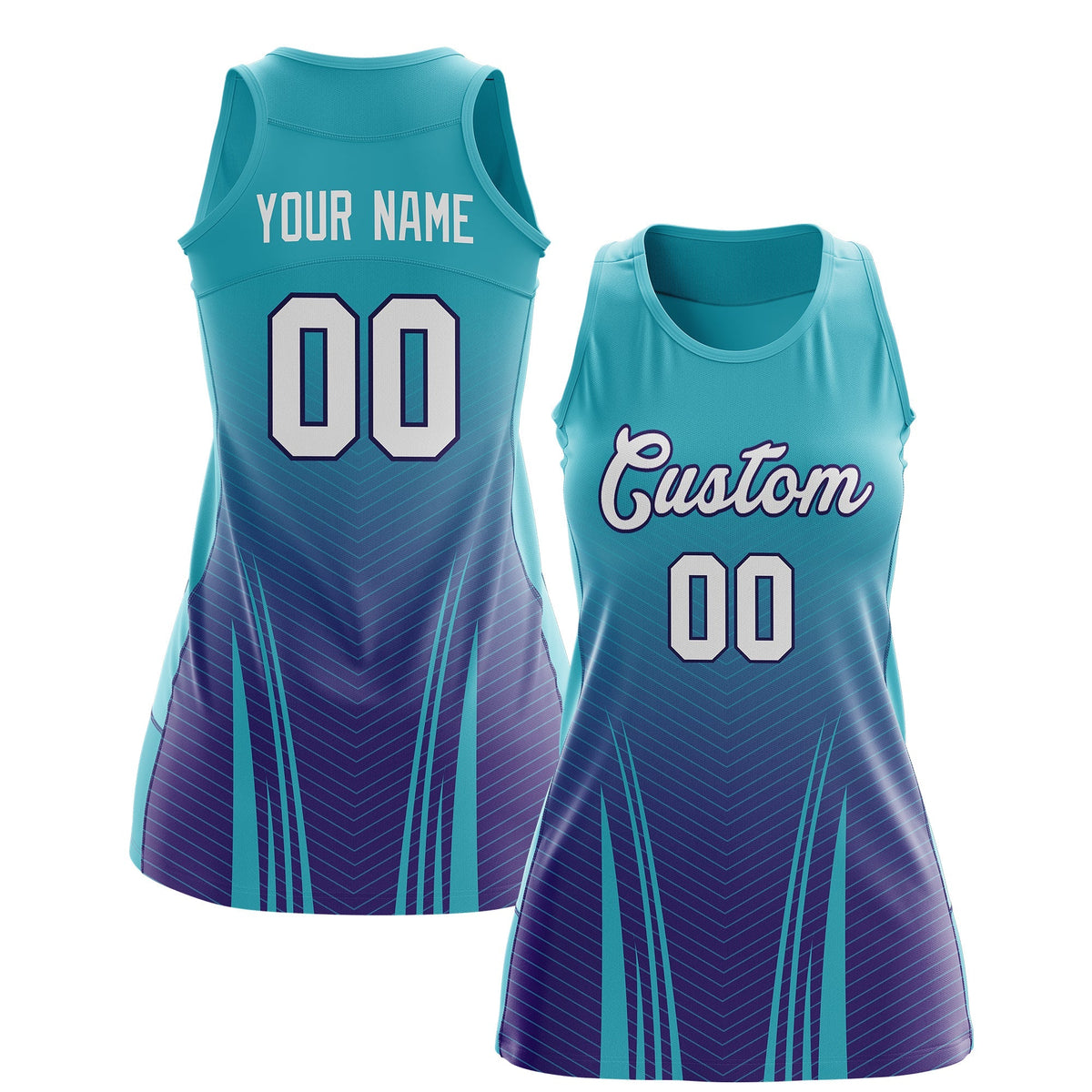 Custom Women Netball Dress | Aqua Purple V-Shaped Pinstripes Uniform with Name &amp; Number