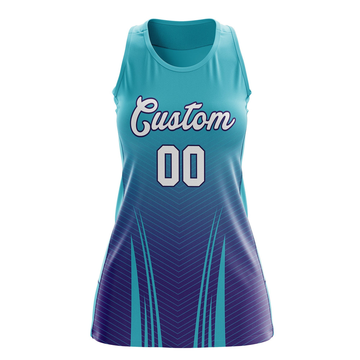 Custom Women Netball Dress | Aqua Purple V-Shaped Pinstripes Uniform with Name &amp; Number