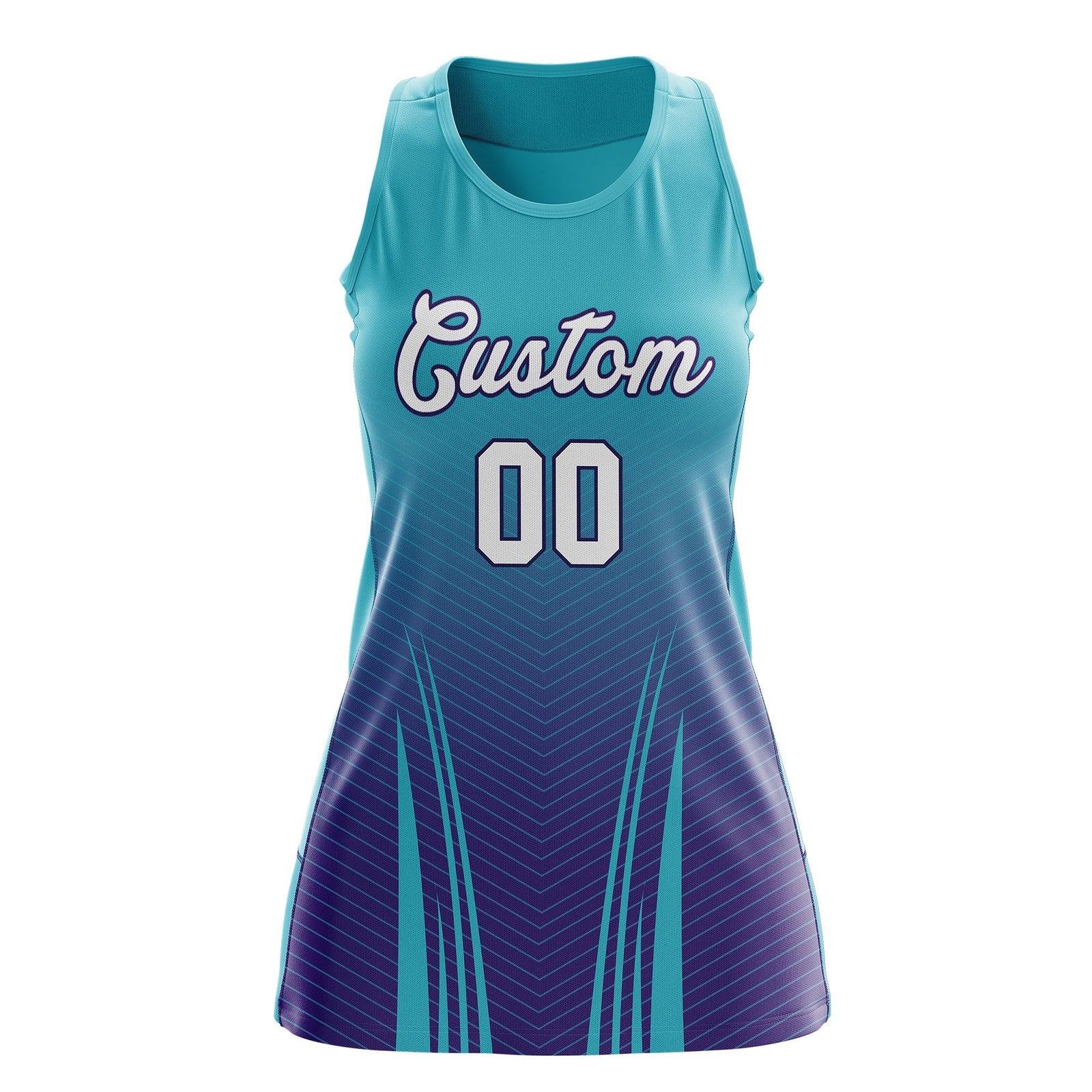 Custom Women Netball Dress | Aqua Purple V-Shaped Pinstripes Uniform with Name & Number