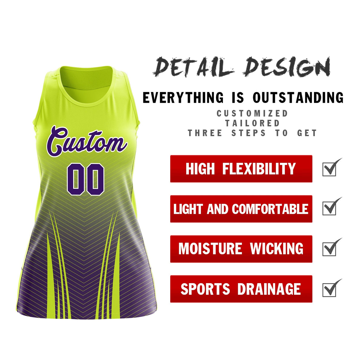 Custom Netball Dress | Fluorescent Green Purple V-Shaped Pinstripes Gradient Team Uniform