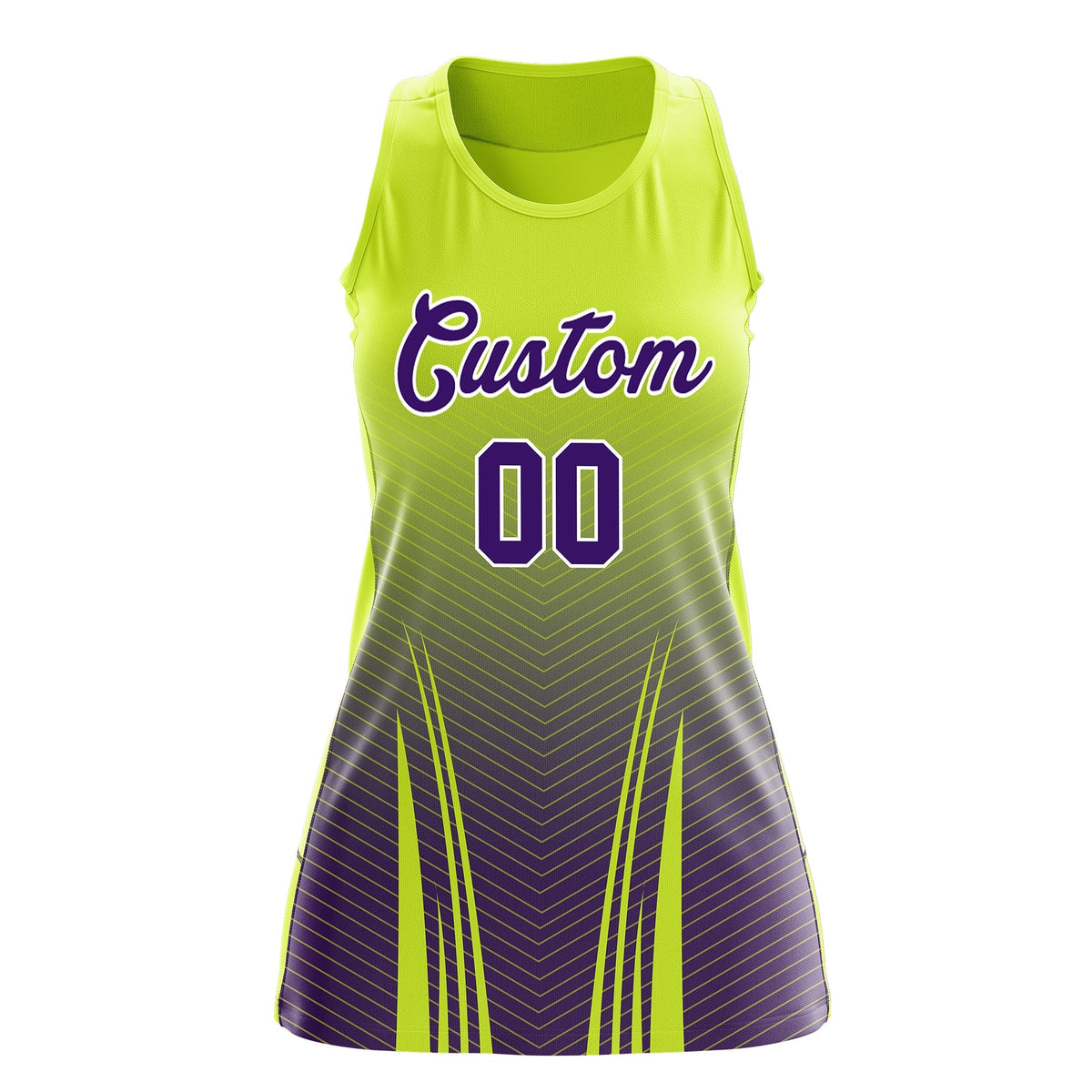Custom Netball Dress | Fluorescent Green Purple V-Shaped Pinstripes Gradient Team Uniform