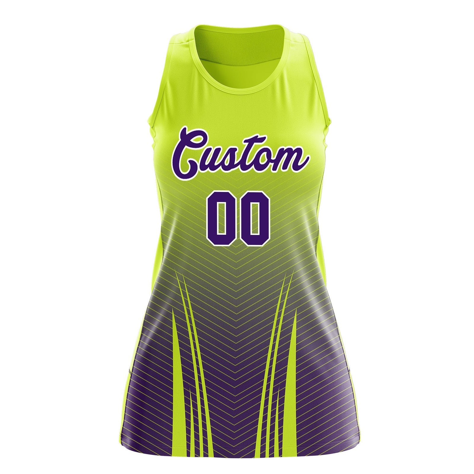 Custom Netball Dress | Fluorescent Green Purple V-Shaped Pinstripes Gradient Team Uniform