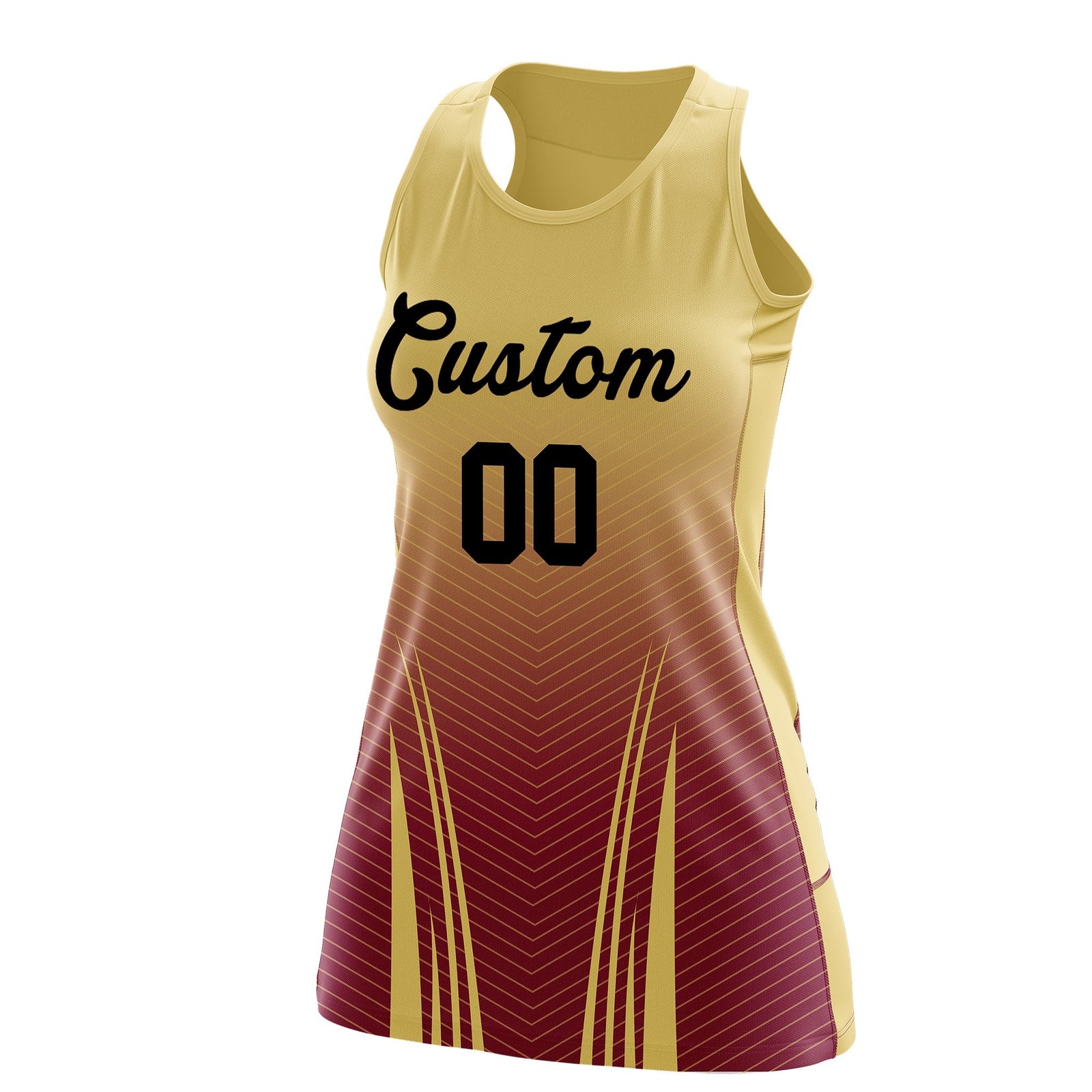 Custom Women Netball Dress | Khaki Crimson V-Shaped Pinstripes Uniform with Name & Number
