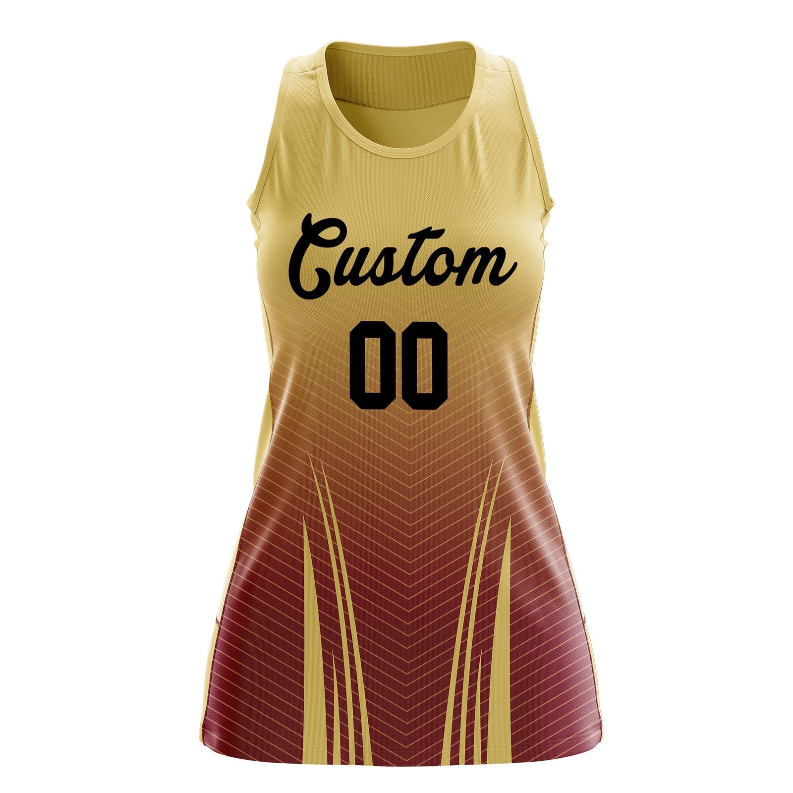 Custom Women Netball Dress | Khaki Crimson V-Shaped Pinstripes Uniform with Name & Number