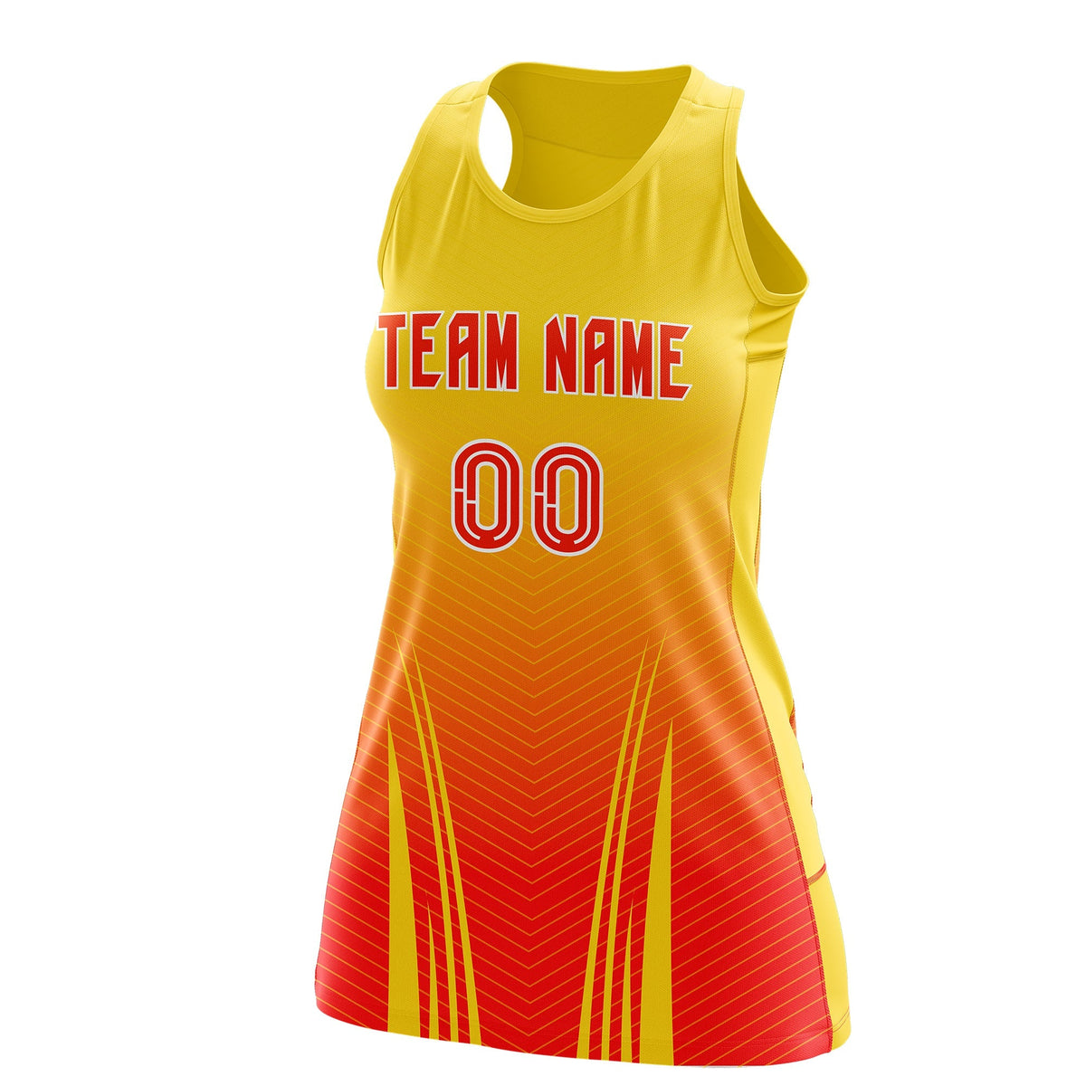 Custom Women Netball Dress | Gold Orange V-Shaped Pinstripes Uniform with Name &amp; Number