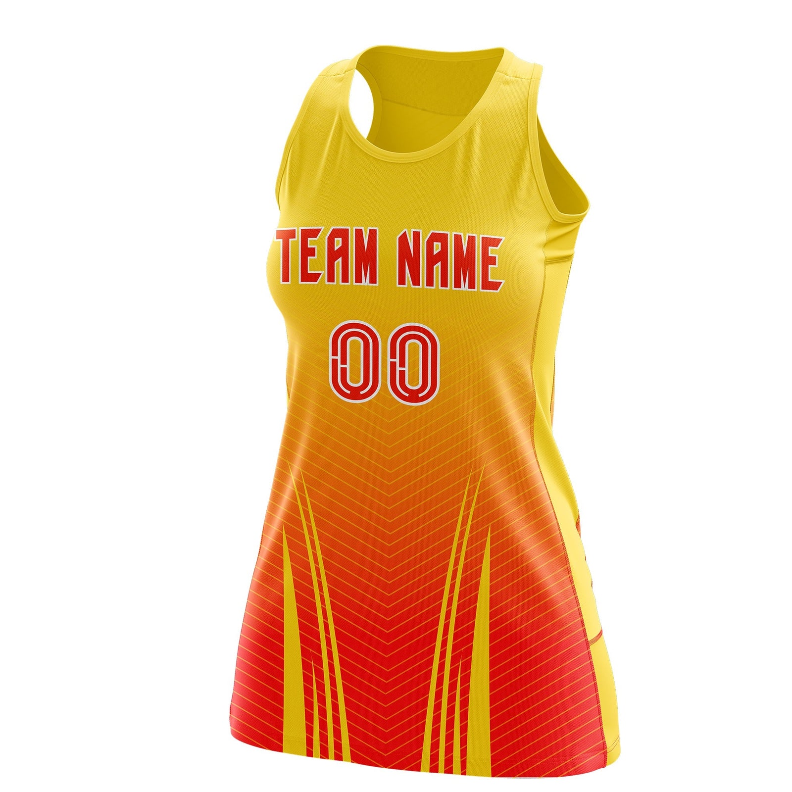 Custom Women Netball Dress | Gold Orange V-Shaped Pinstripes Uniform with Name & Number