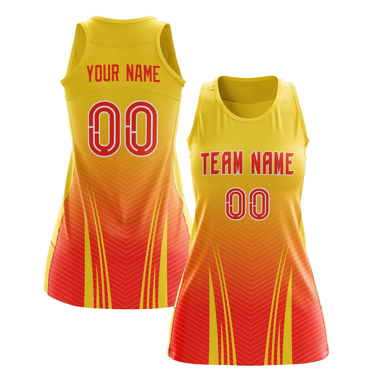 Custom Women Netball Dress | Gold Orange V-Shaped Pinstripes Uniform with Name &amp; Number