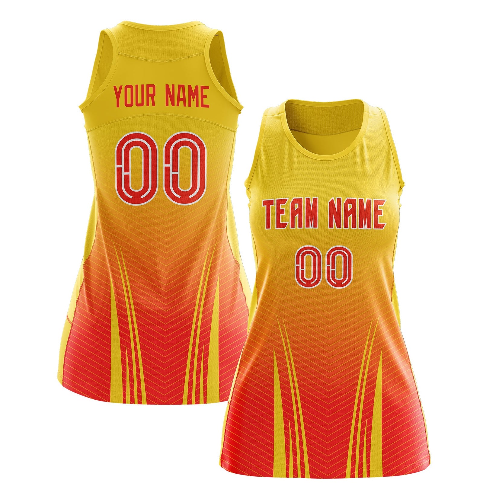 Custom Women Netball Dress | Gold Orange V-Shaped Pinstripes Uniform with Name & Number