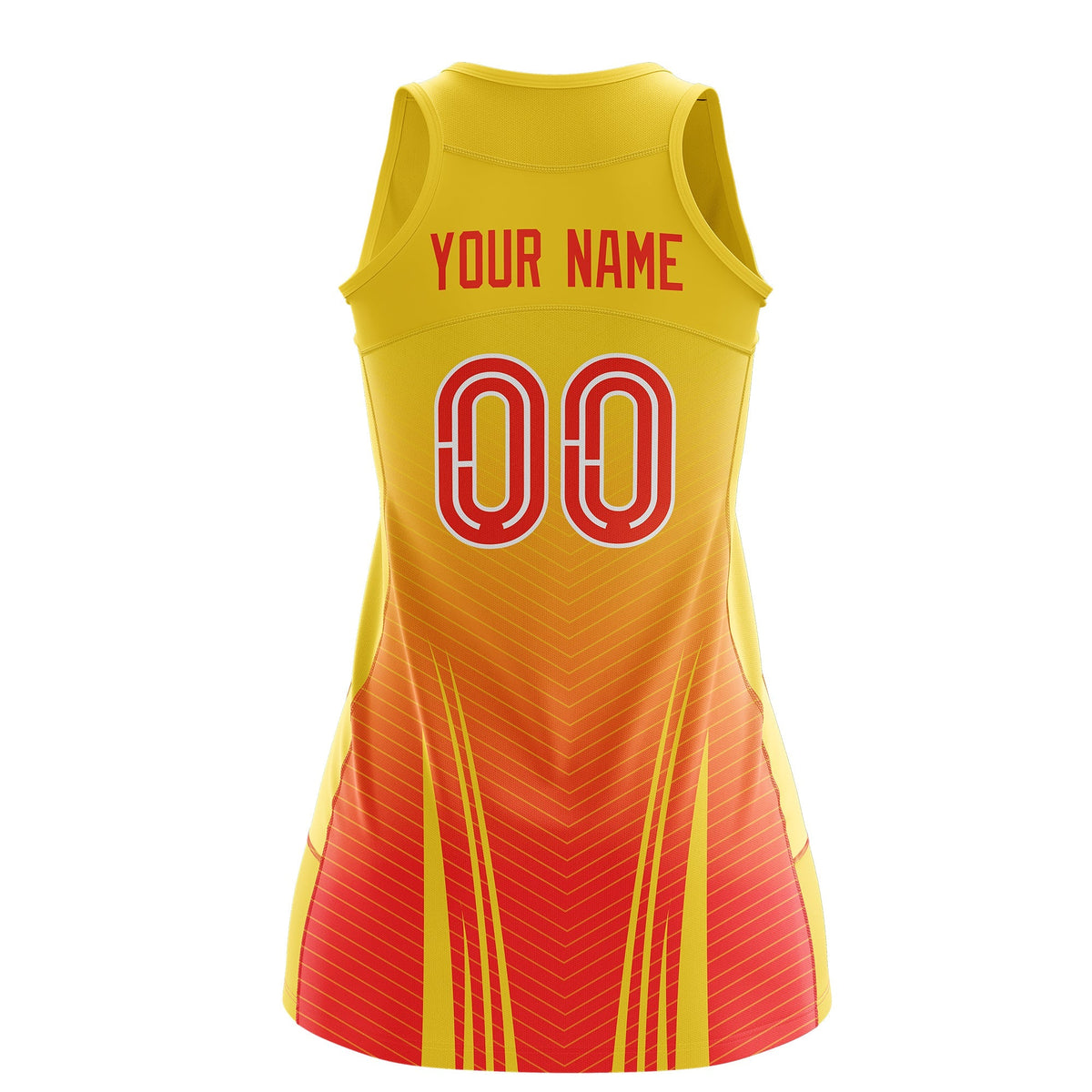 Custom Women Netball Dress | Gold Orange V-Shaped Pinstripes Uniform with Name &amp; Number