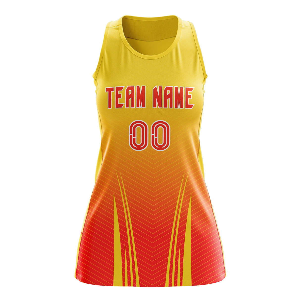 Custom Women Netball Dress | Gold Orange V-Shaped Pinstripes Uniform with Name &amp; Number