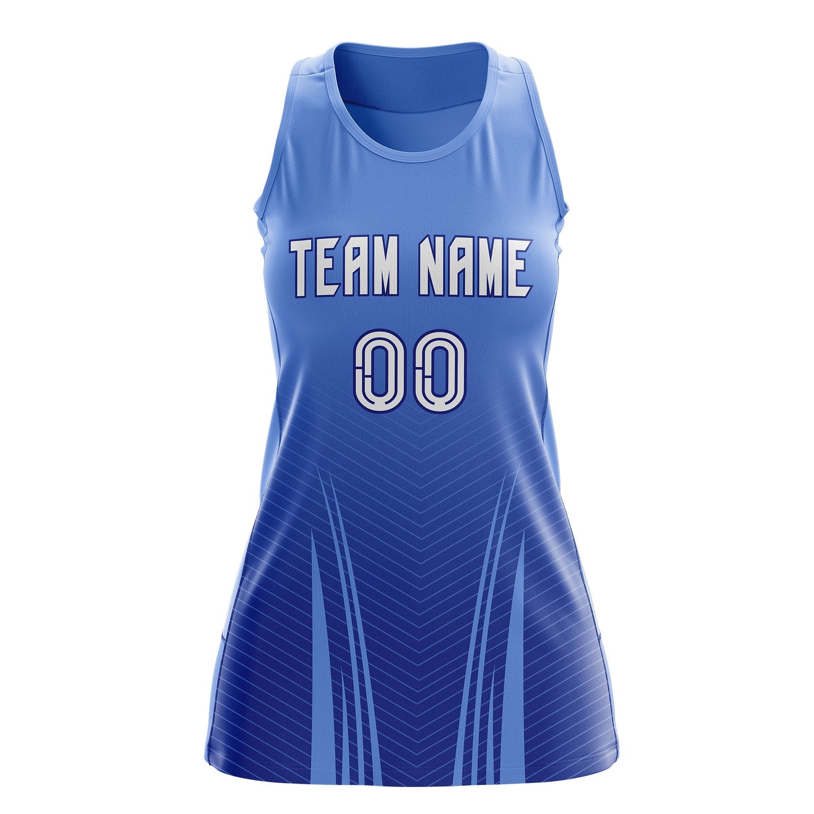 Custom Netball Dress | Light Blue Royal Blue V-Shaped Pinstripes Gradient Team Uniform
