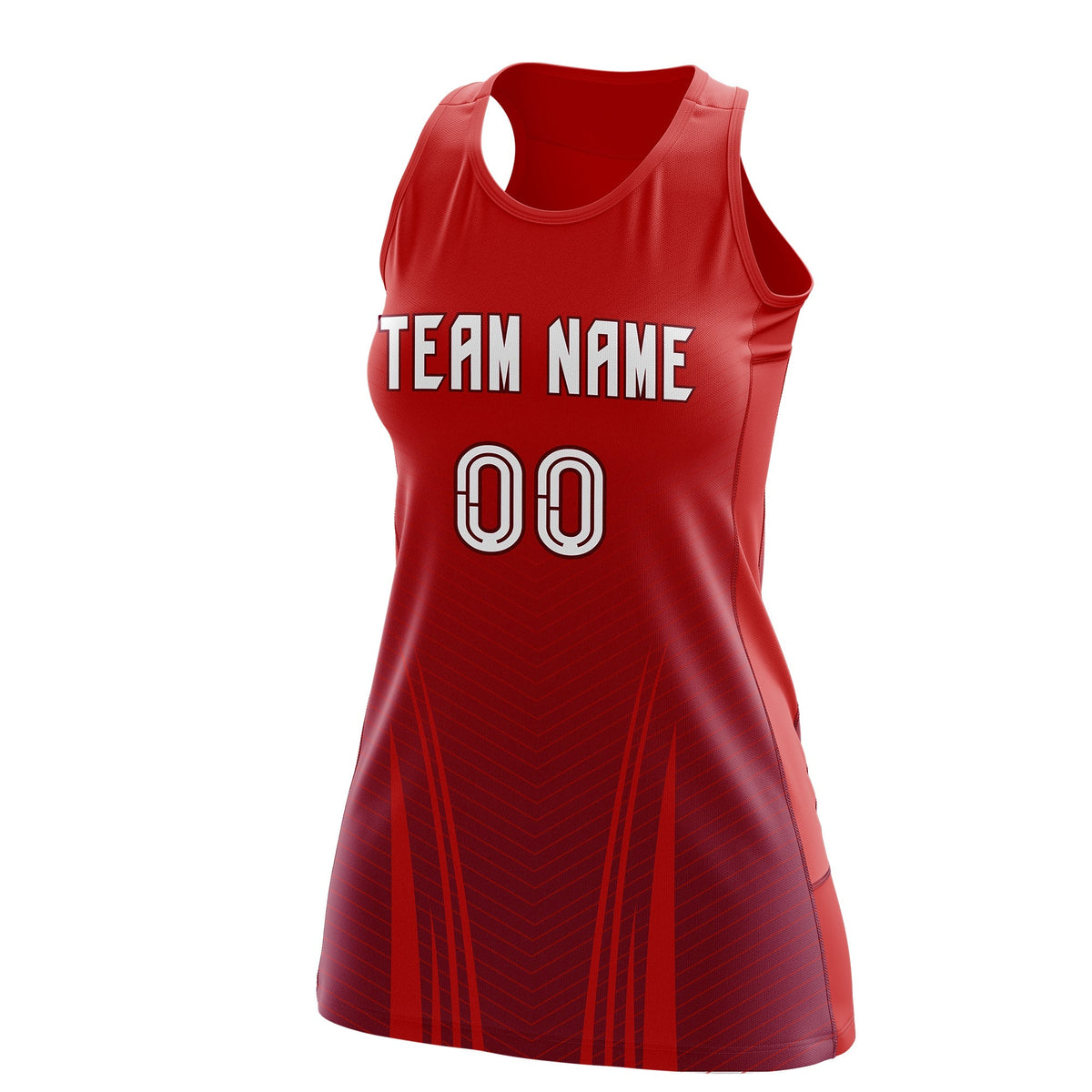 Custom Women Netball Dress | Red Crimson V-Shaped Pinstripes Uniform with Name &amp; Number