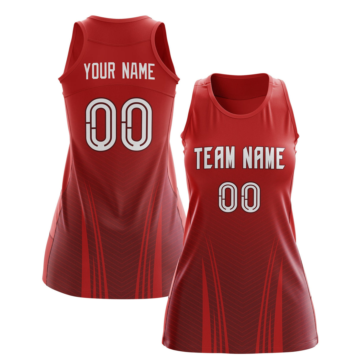 Custom Women Netball Dress | Red Crimson V-Shaped Pinstripes Uniform with Name &amp; Number