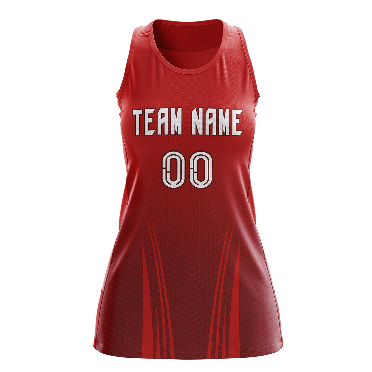Custom Women Netball Dress | Red Crimson V-Shaped Pinstripes Uniform with Name &amp; Number